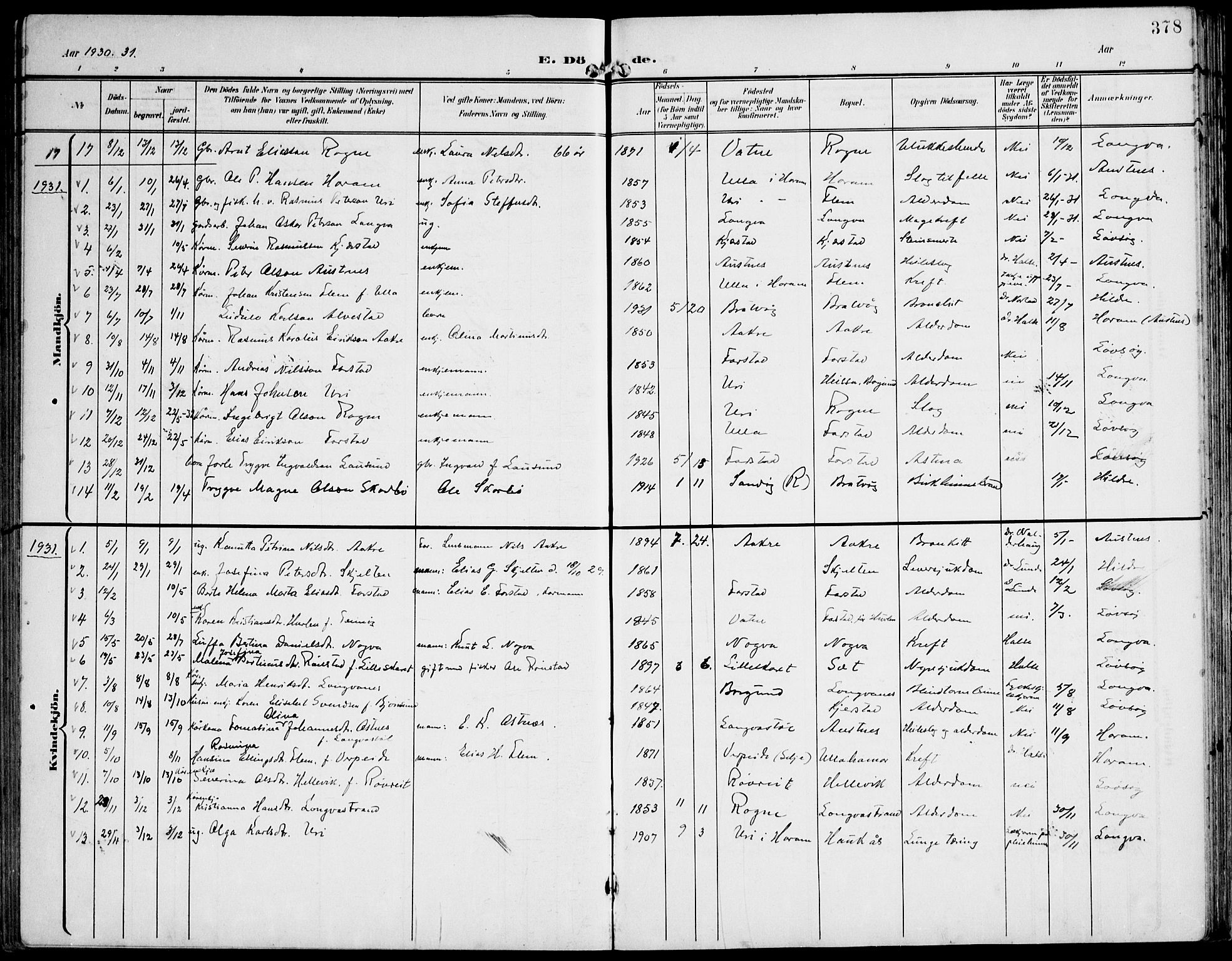 Ministerialprotokoller, klokkerbøker og fødselsregistre - Møre og Romsdal, SAT/A-1454/536/L0511: Klokkerbok nr. 536C06, 1899-1944, s. 378