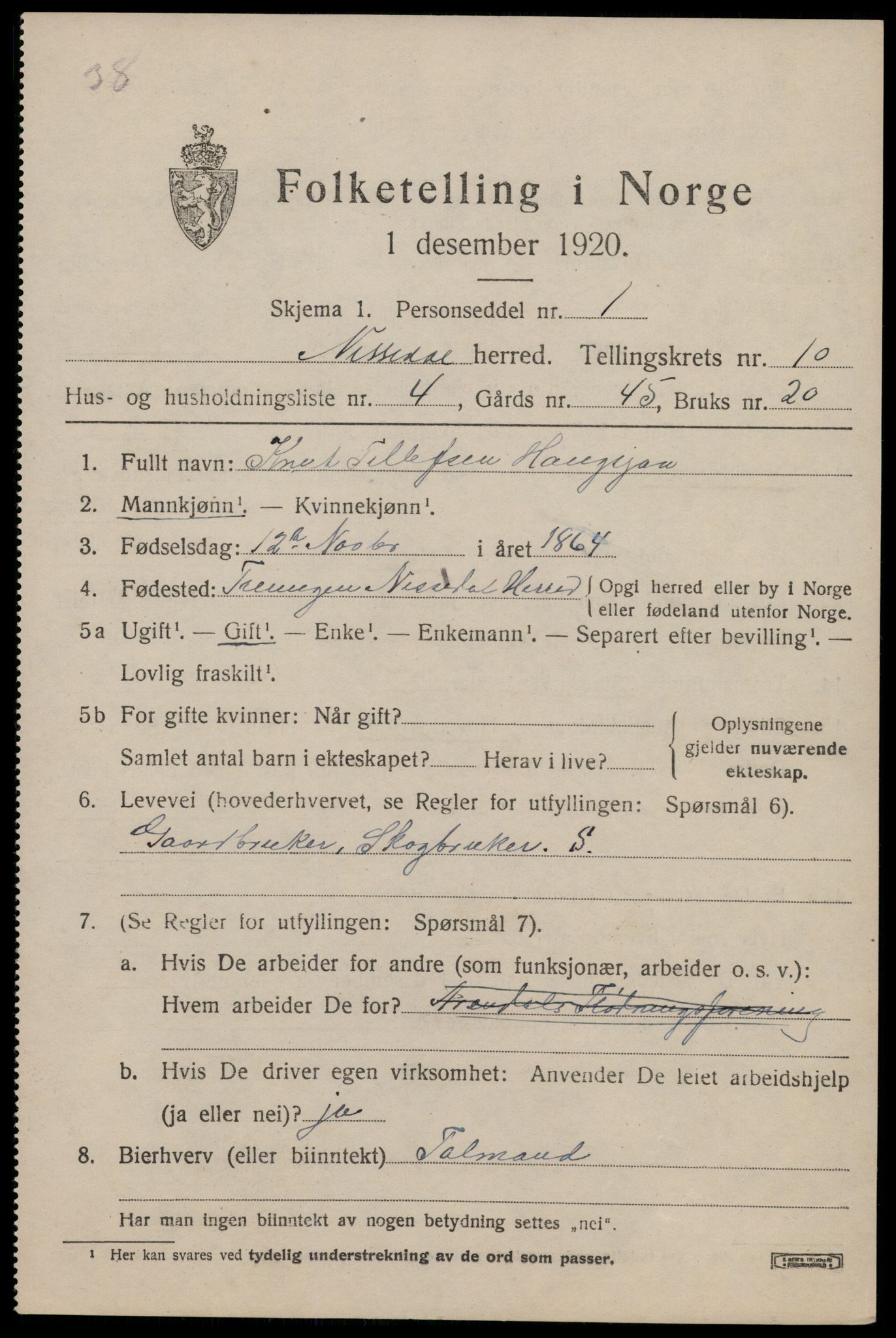 SAKO, Folketelling 1920 for 0830 Nissedal herred, 1920, s. 3907