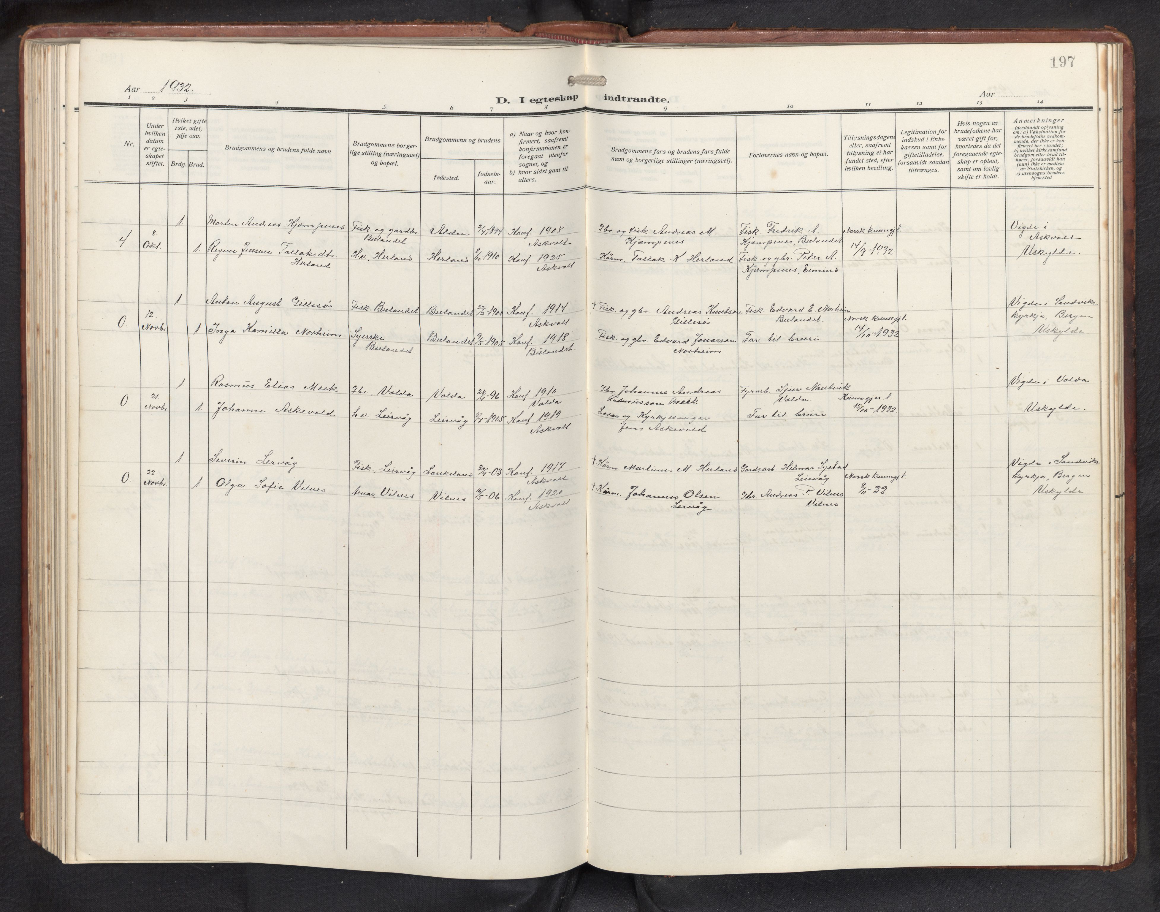 Askvoll sokneprestembete, AV/SAB-A-79501/H/Hab/Habb/L0002: Klokkerbok nr. B 2, 1910-1947, s. 196b-197a
