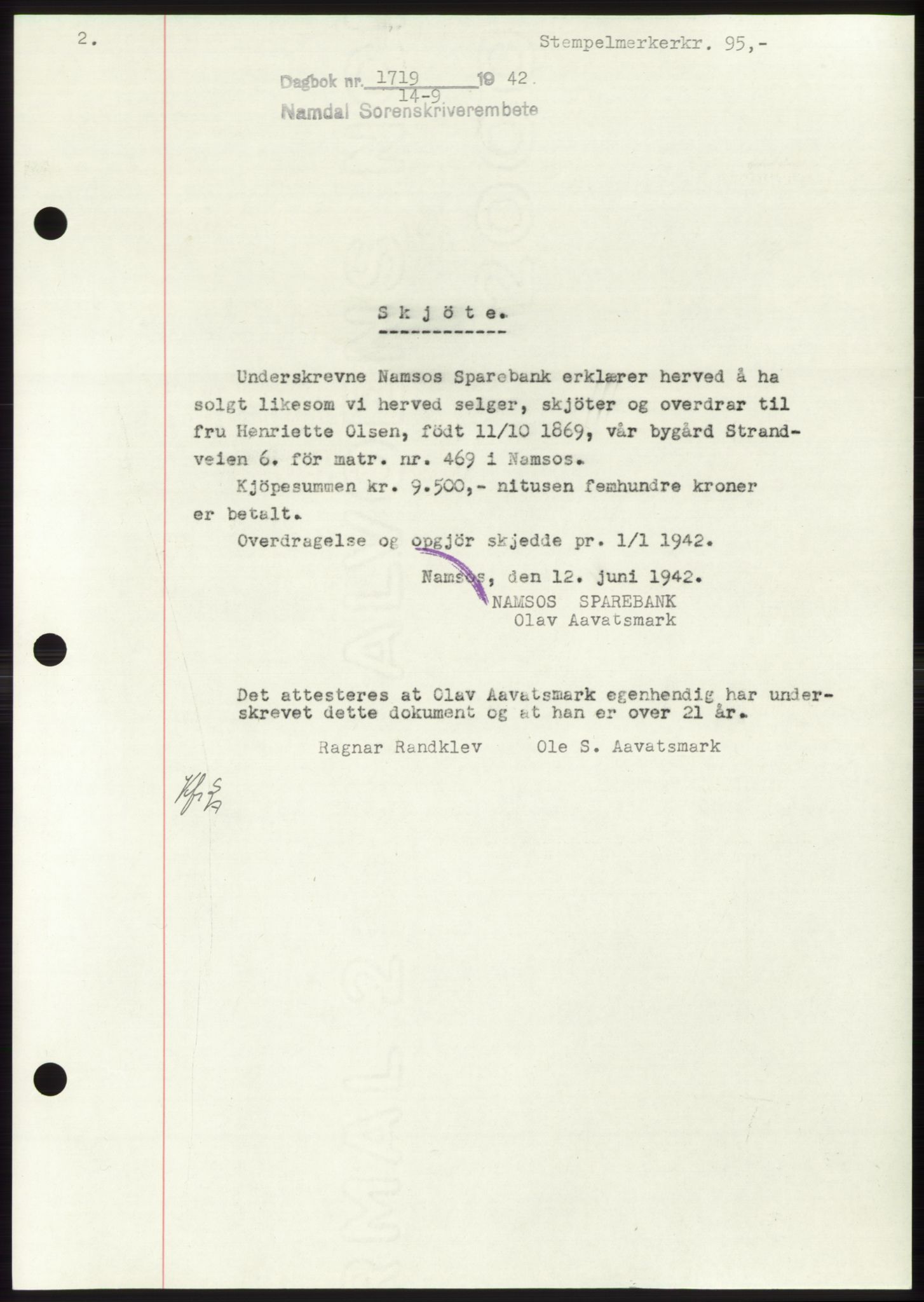 Namdal sorenskriveri, SAT/A-4133/1/2/2C: Pantebok nr. -, 1942-1943, Dagboknr: 1719/1942