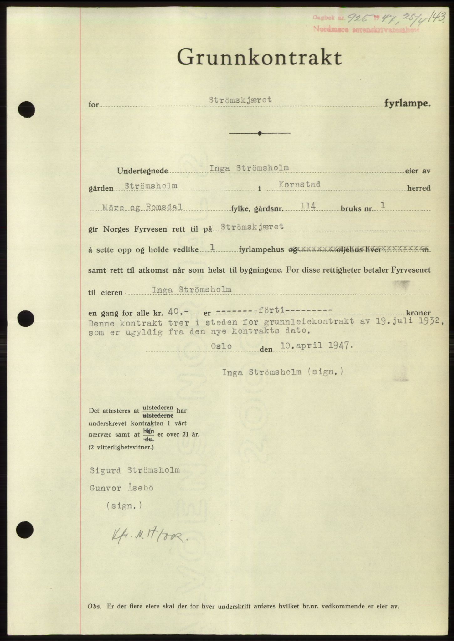 Nordmøre sorenskriveri, SAT/A-4132/1/2/2Ca: Pantebok nr. B96, 1947-1947, Dagboknr: 925/1947