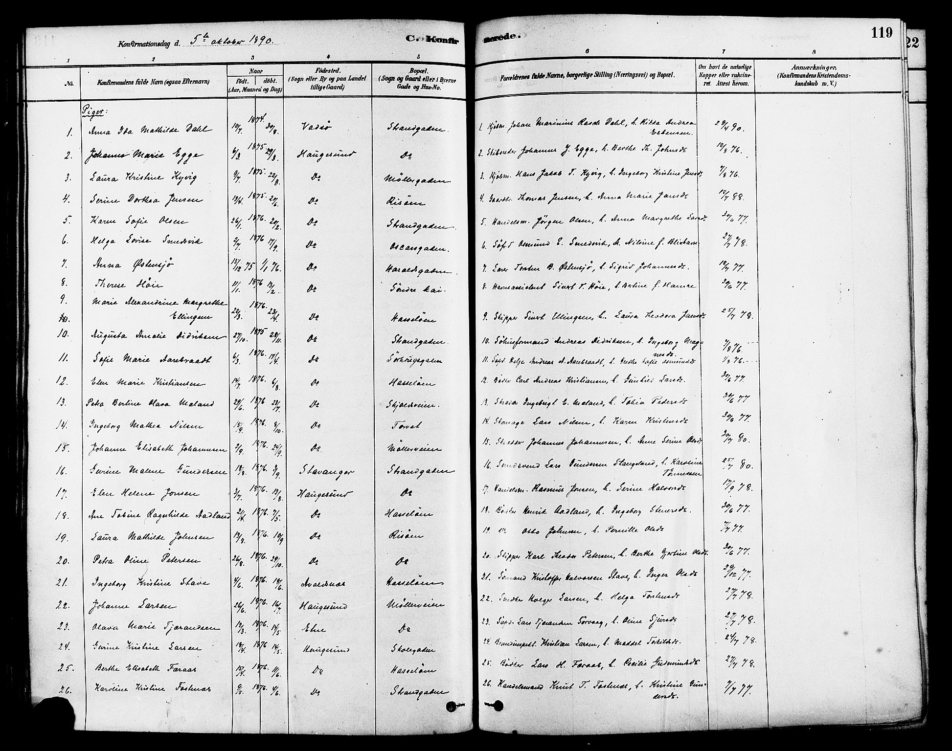 Haugesund sokneprestkontor, AV/SAST-A -101863/H/Ha/Haa/L0003: Ministerialbok nr. A 3, 1885-1890, s. 119