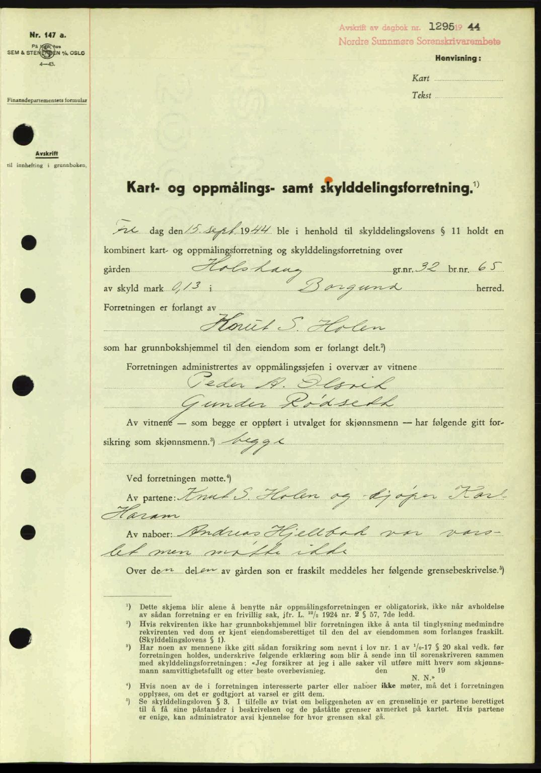 Nordre Sunnmøre sorenskriveri, SAT/A-0006/1/2/2C/2Ca: Pantebok nr. A18, 1944-1944, Dagboknr: 1295/1944