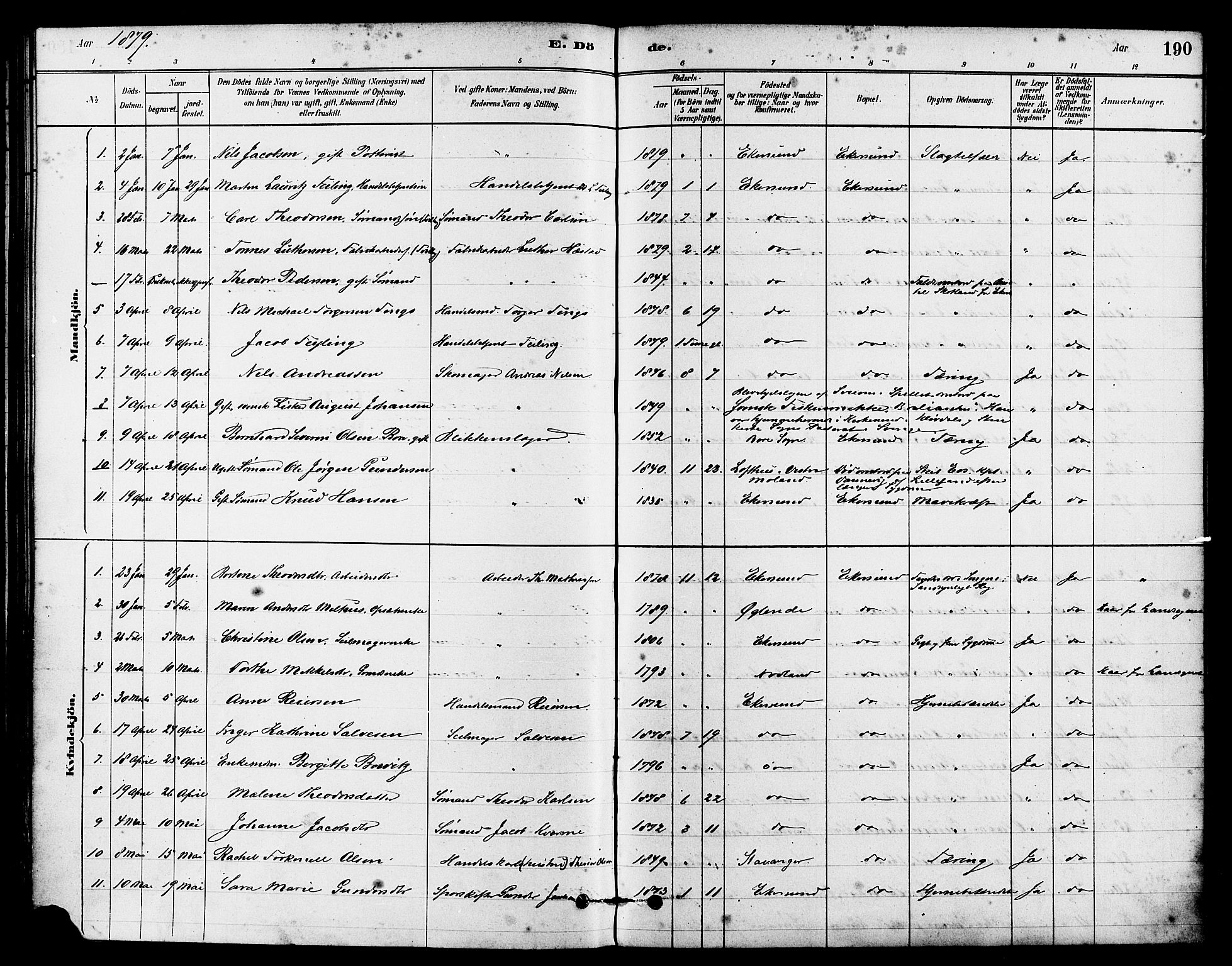 Eigersund sokneprestkontor, SAST/A-101807/S08/L0015: Ministerialbok nr. A 15, 1879-1892, s. 190