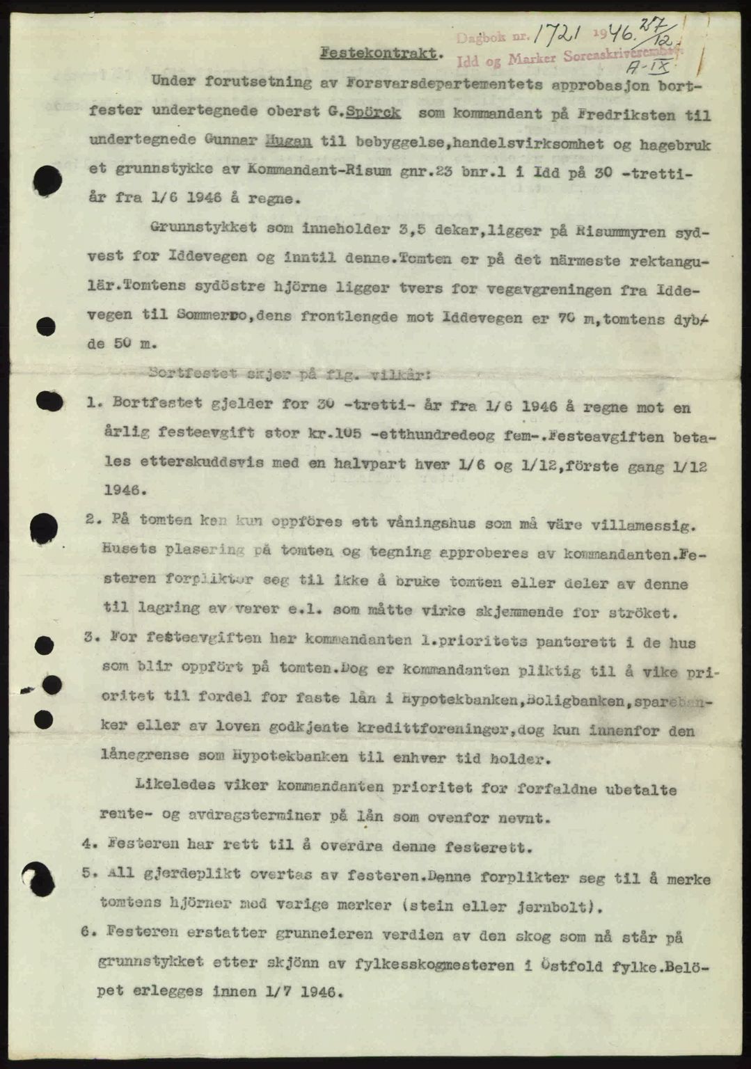 Idd og Marker sorenskriveri, SAO/A-10283/G/Gb/Gbb/L0009: Pantebok nr. A9, 1946-1947, Dagboknr: 1721/1946