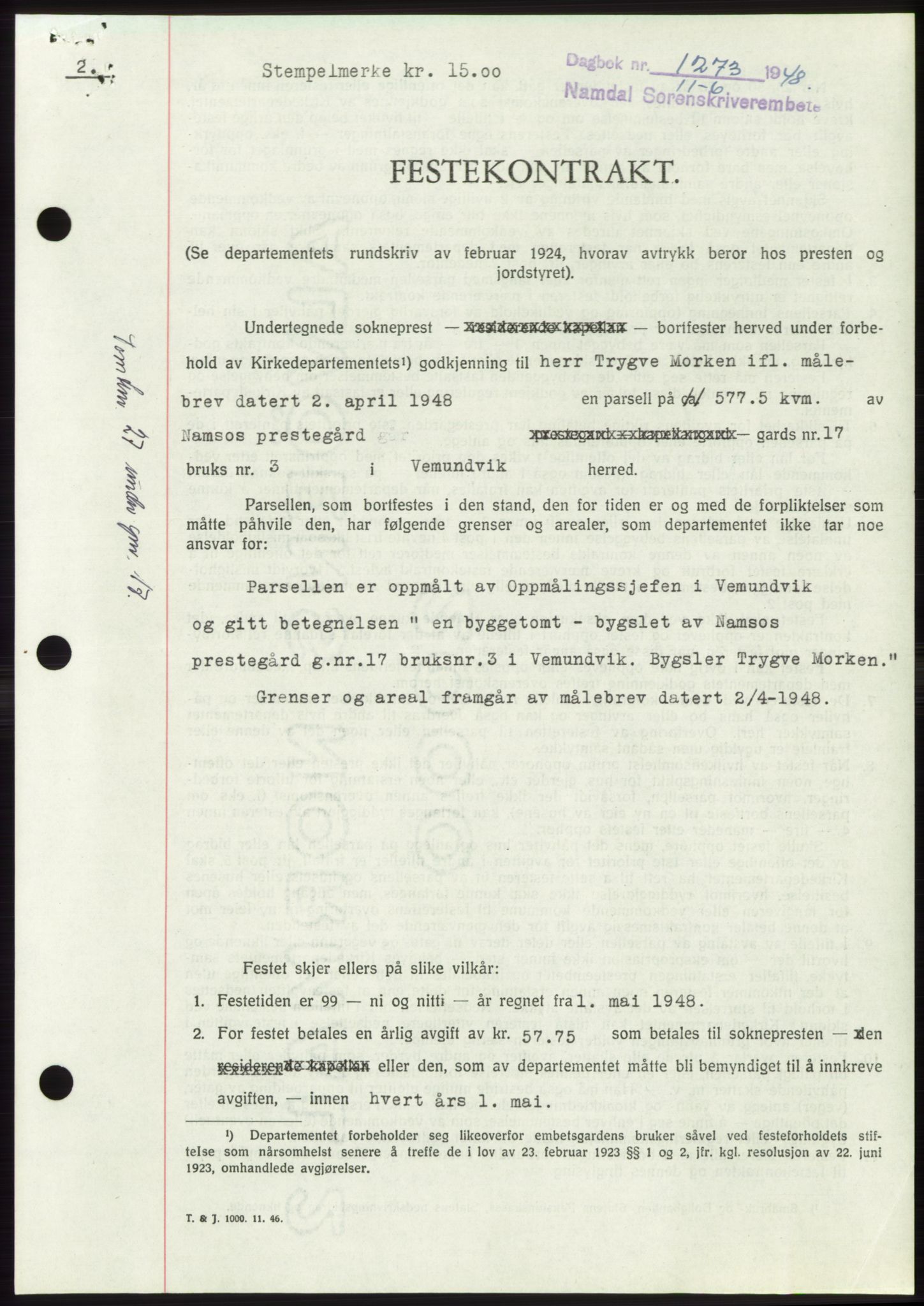 Namdal sorenskriveri, SAT/A-4133/1/2/2C: Pantebok nr. -, 1948-1948, Dagboknr: 1273/1948