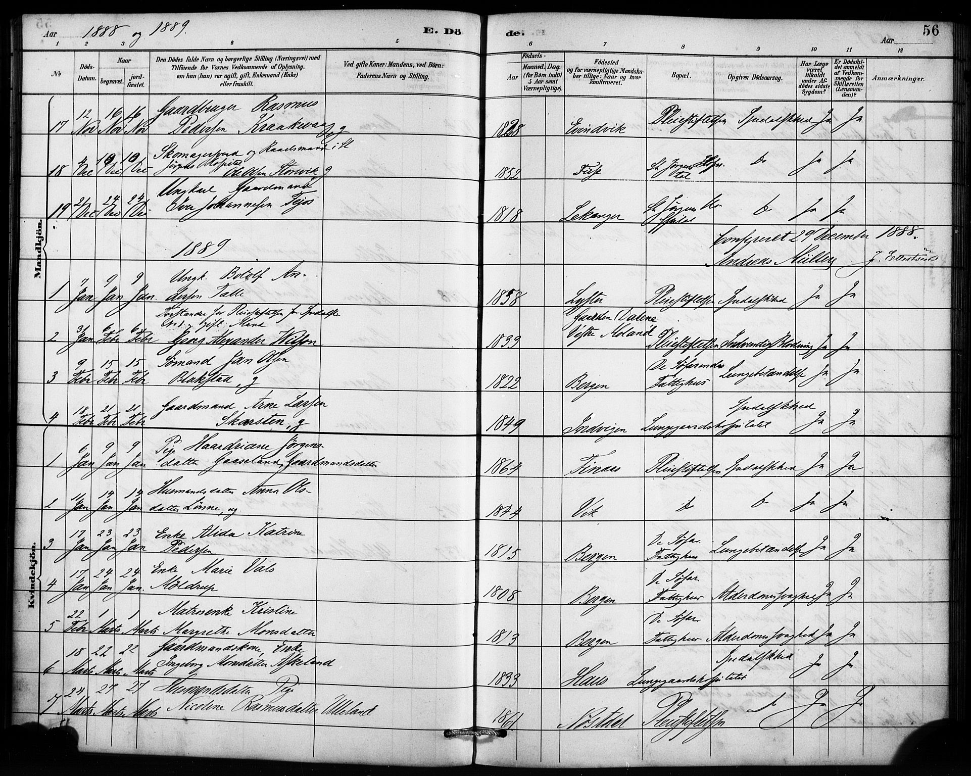 St. Jørgens hospital og Årstad sokneprestembete, AV/SAB-A-99934: Ministerialbok nr. A 13, 1886-1906, s. 56