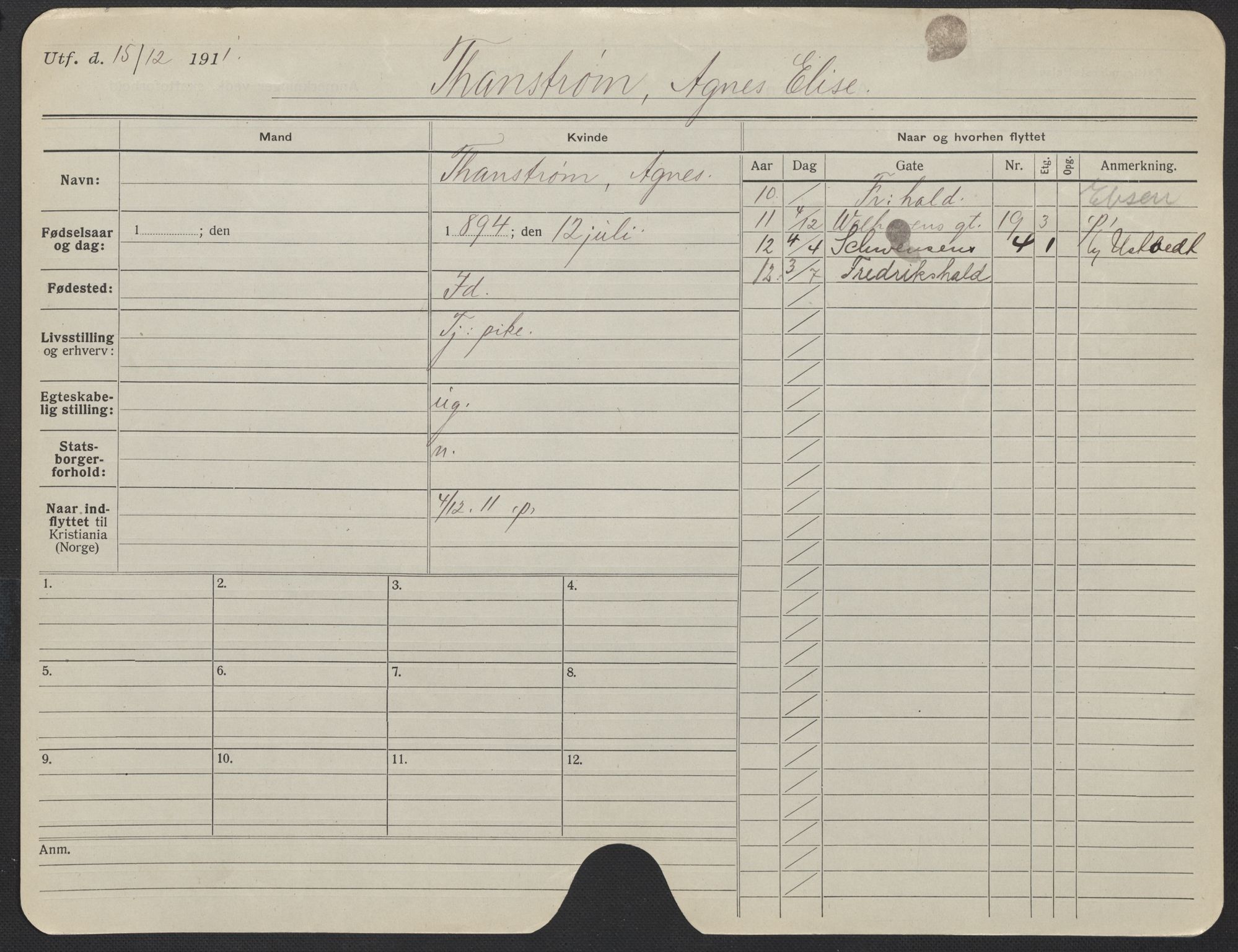 Oslo folkeregister, Registerkort, AV/SAO-A-11715/F/Fa/Fac/L0024: Kvinner, 1906-1914, s. 1025a