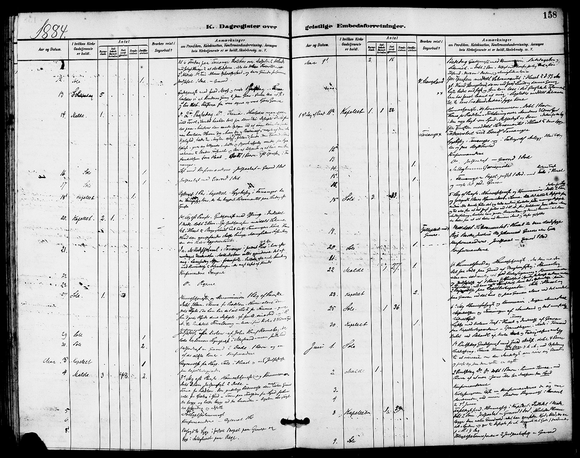 Håland sokneprestkontor, AV/SAST-A-101802/001/30BA/L0010: Ministerialbok nr. A 9, 1883-1888, s. 158