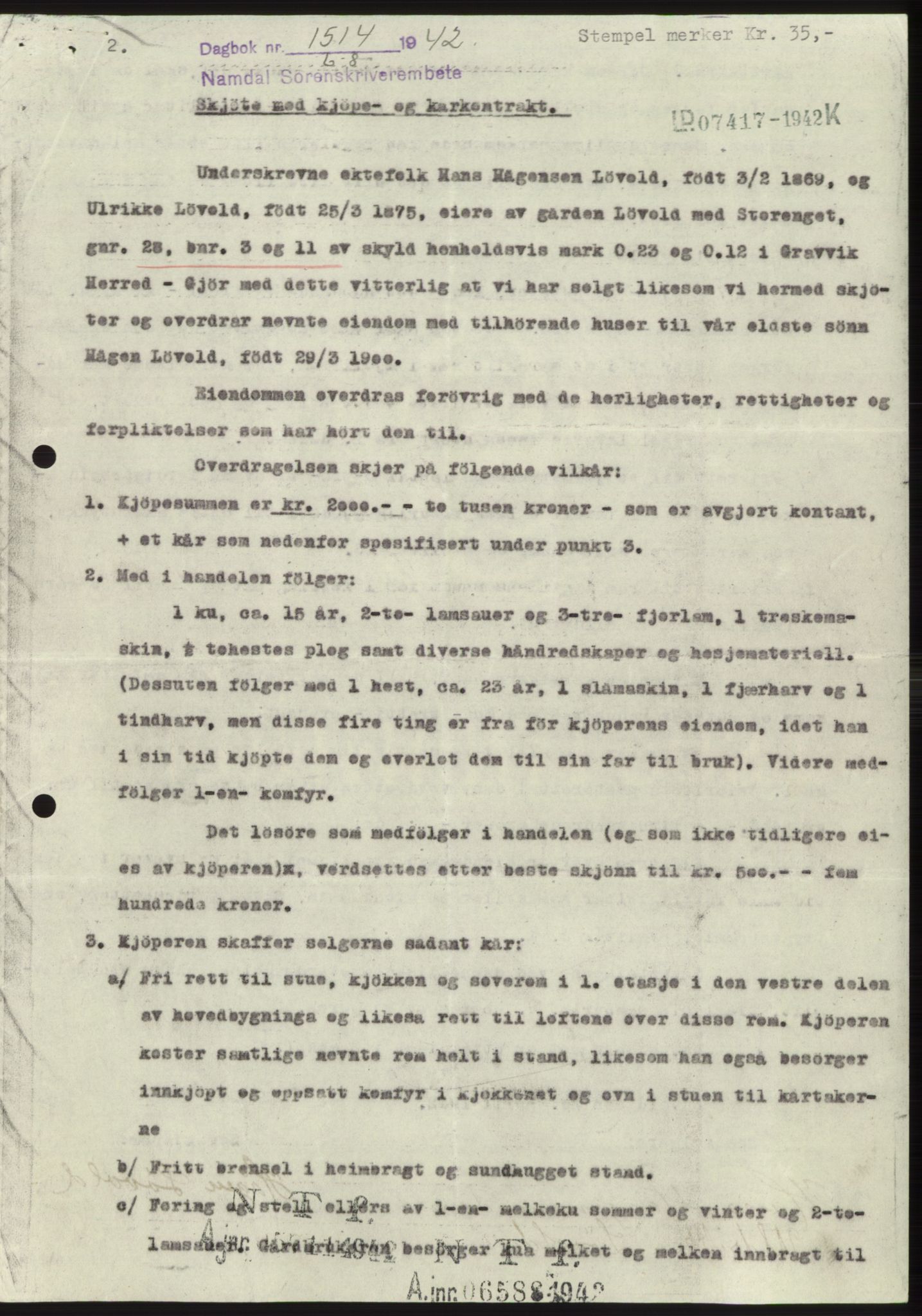 Namdal sorenskriveri, SAT/A-4133/1/2/2C: Pantebok nr. -, 1942-1943, Dagboknr: 1514/1942