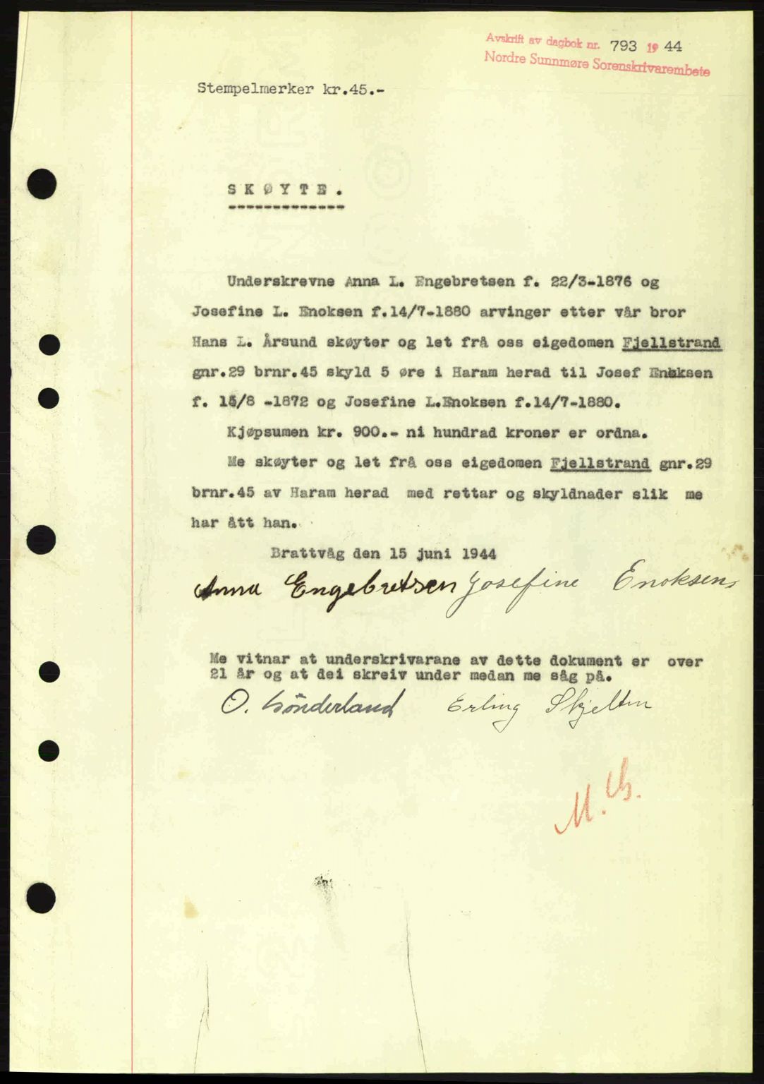 Nordre Sunnmøre sorenskriveri, SAT/A-0006/1/2/2C/2Ca: Pantebok nr. A18, 1944-1944, Dagboknr: 793/1944