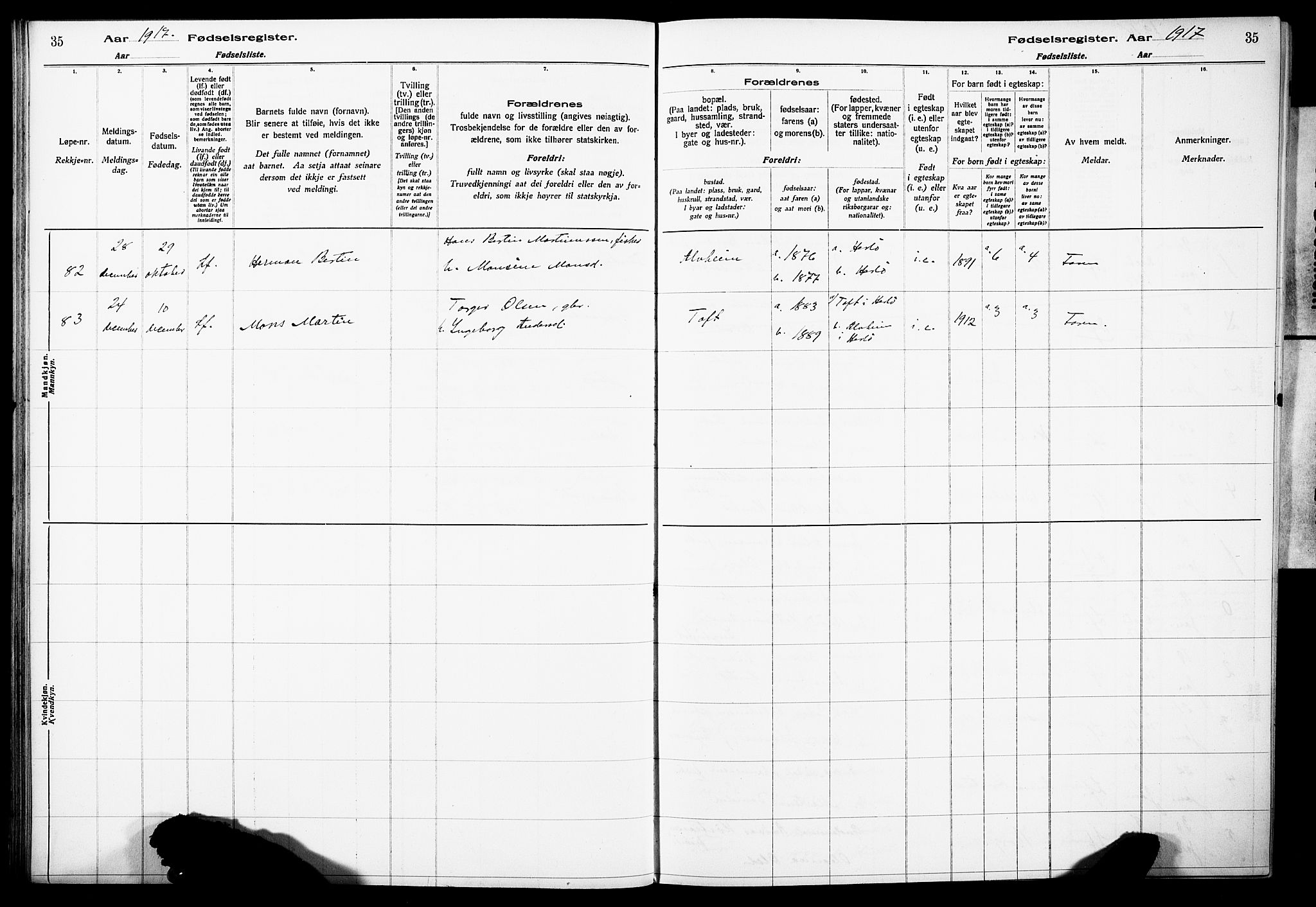 Herdla Sokneprestembete, AV/SAB-A-75701/I/Id/L00A1: Fødselsregister nr. A 1, 1916-1929, s. 35