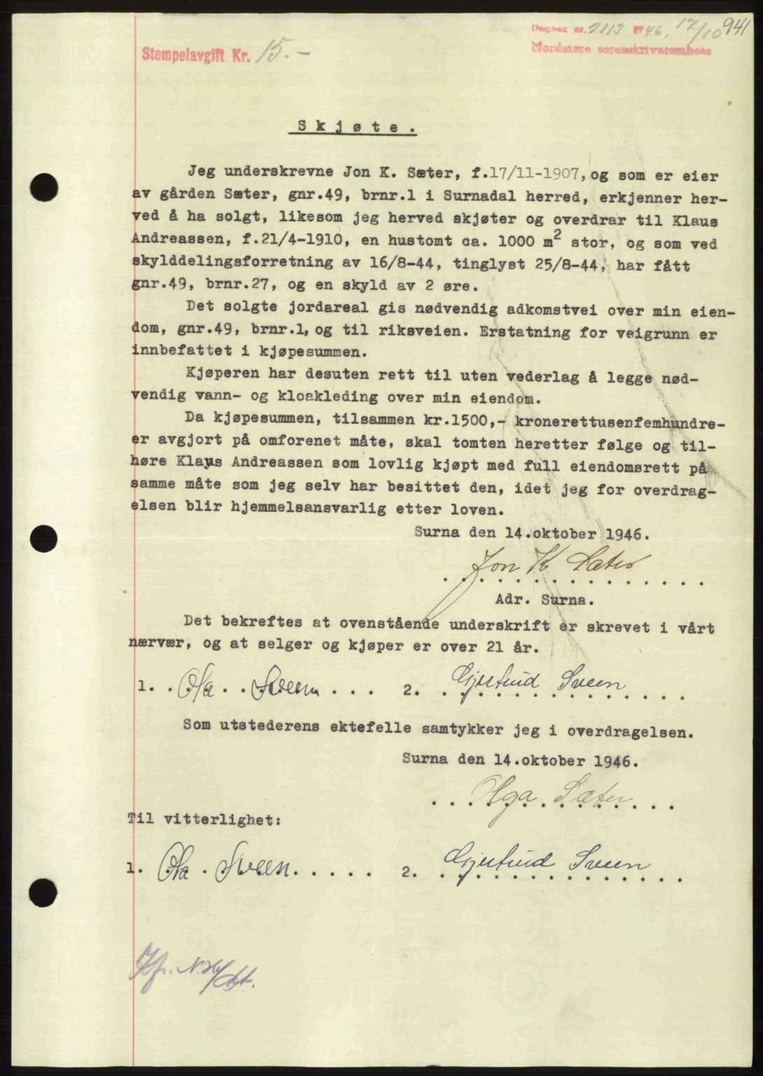 Nordmøre sorenskriveri, SAT/A-4132/1/2/2Ca: Pantebok nr. A102, 1946-1946, Dagboknr: 2113/1946
