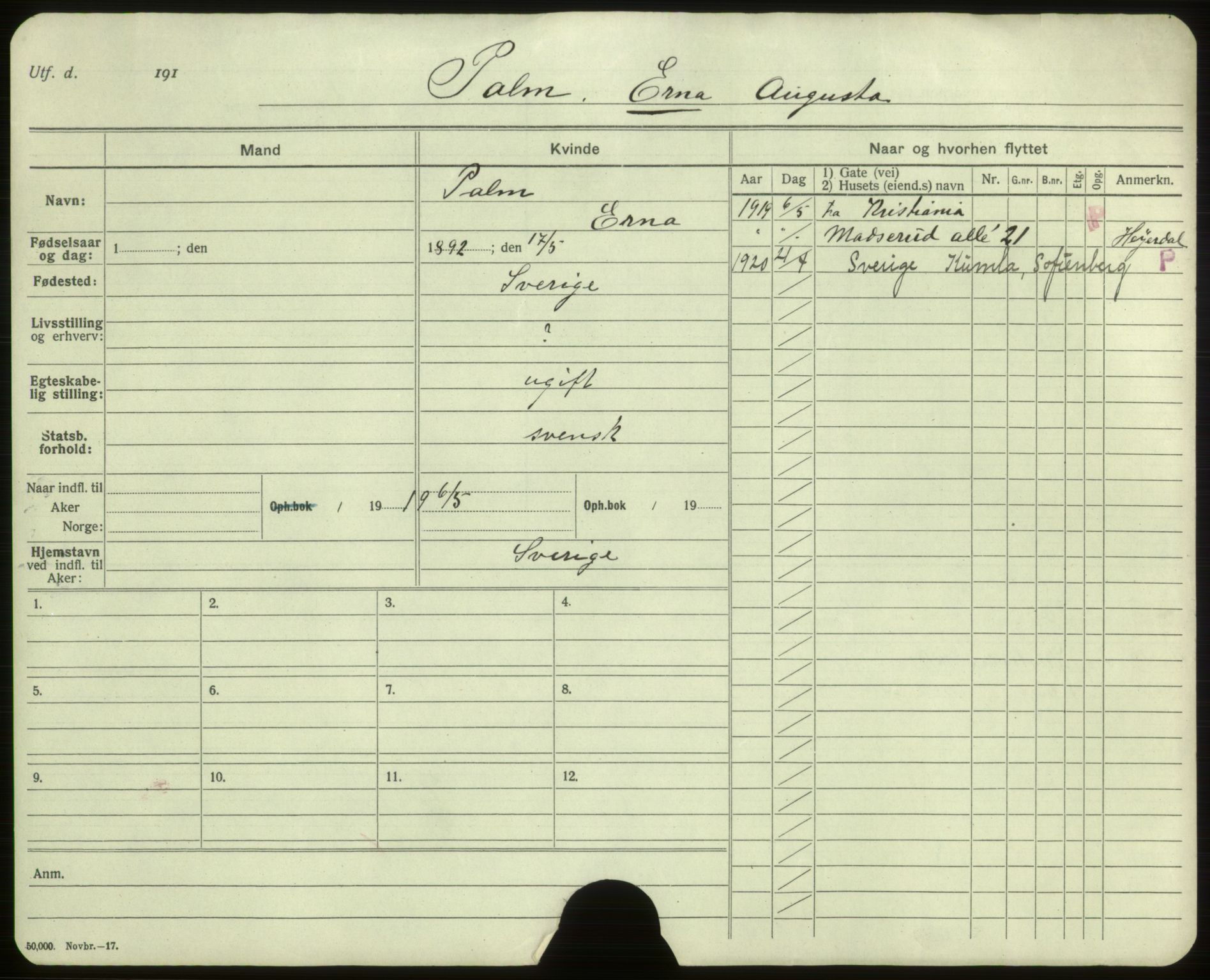 Oslo folkeregister, Registerkort, AV/SAO-A-11715/F/Fa/Faa/L0009: Kvinner, 1917-1922, s. 6