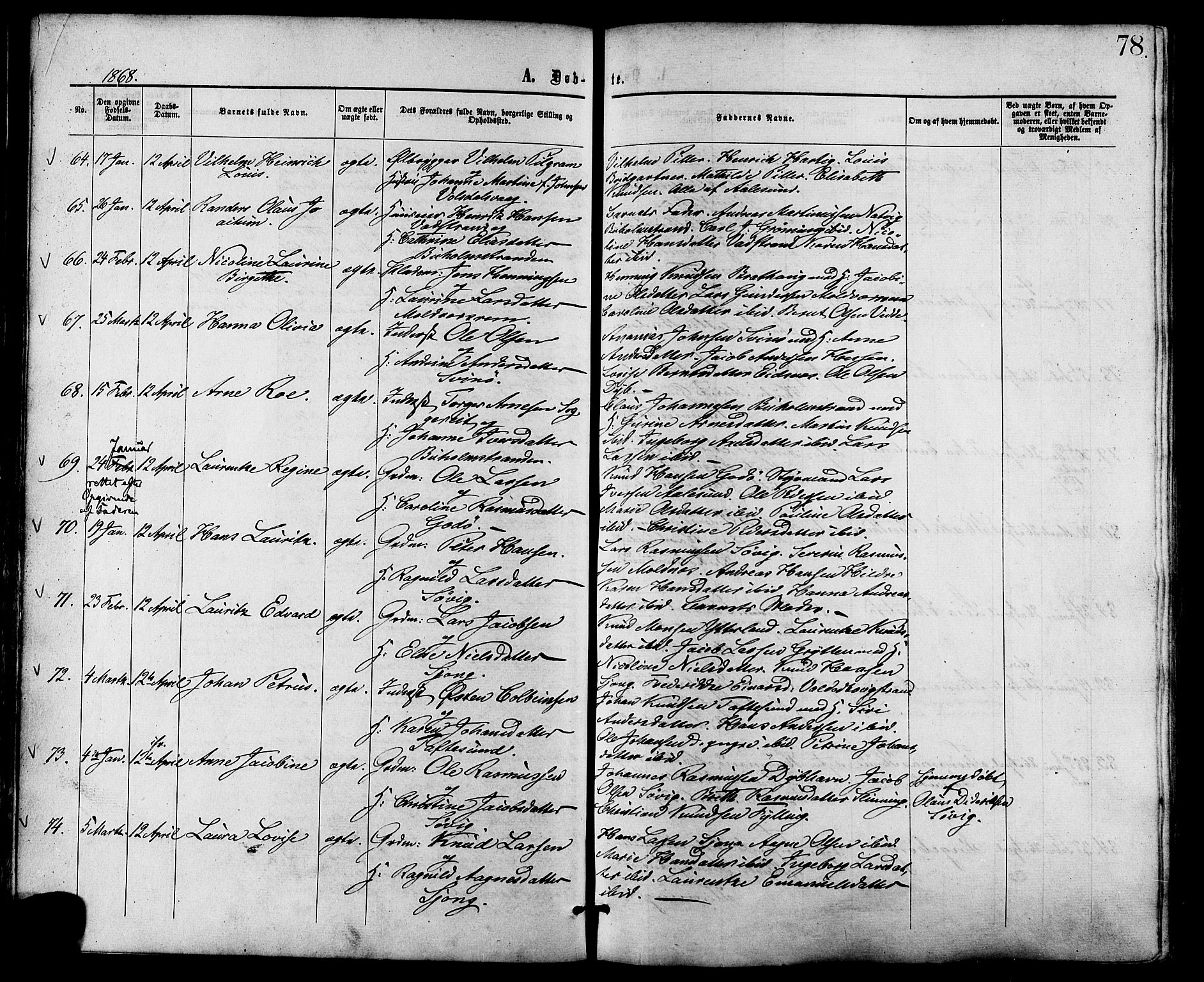 Ministerialprotokoller, klokkerbøker og fødselsregistre - Møre og Romsdal, AV/SAT-A-1454/528/L0399: Ministerialbok nr. 528A10, 1864-1879, s. 78