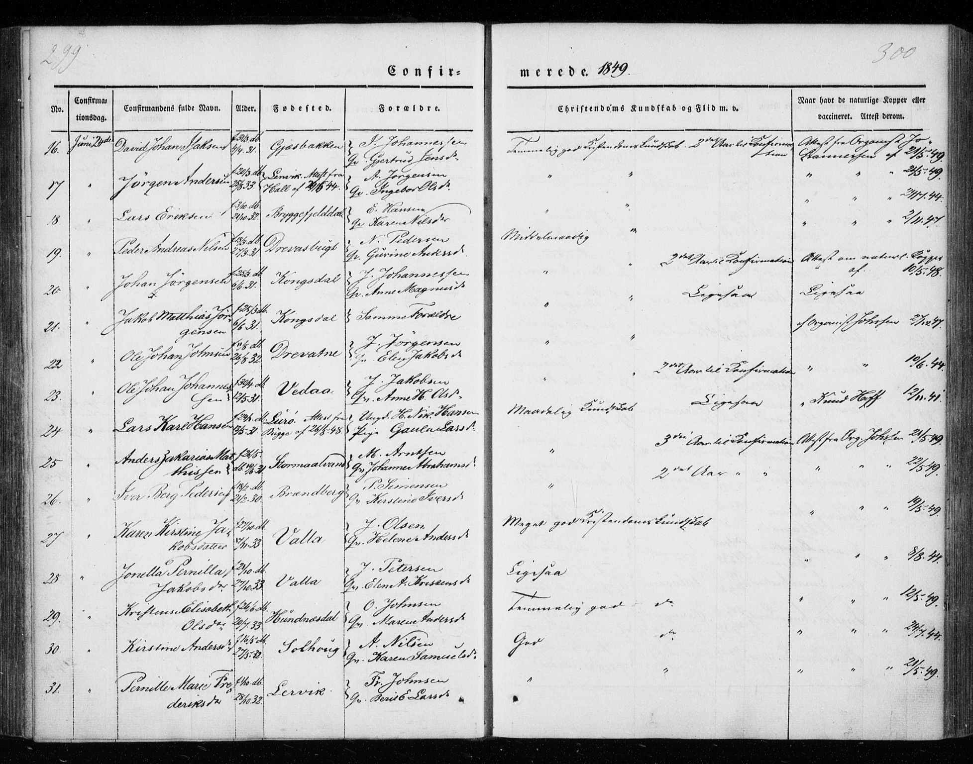 Ministerialprotokoller, klokkerbøker og fødselsregistre - Nordland, AV/SAT-A-1459/825/L0355: Ministerialbok nr. 825A09, 1842-1863, s. 299-300