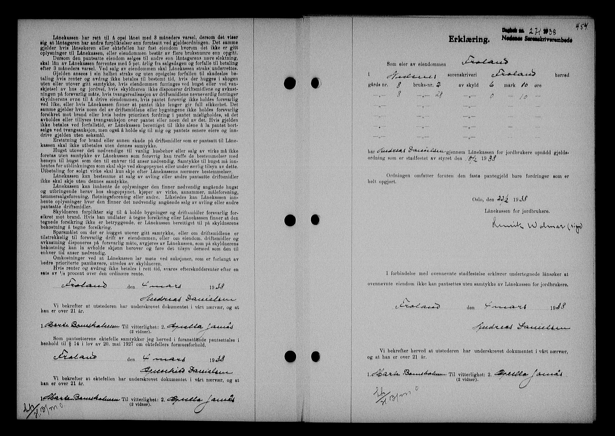 Nedenes sorenskriveri, SAK/1221-0006/G/Gb/Gba/L0044: Pantebok nr. 40, 1937-1938, Dagboknr: 271/1938