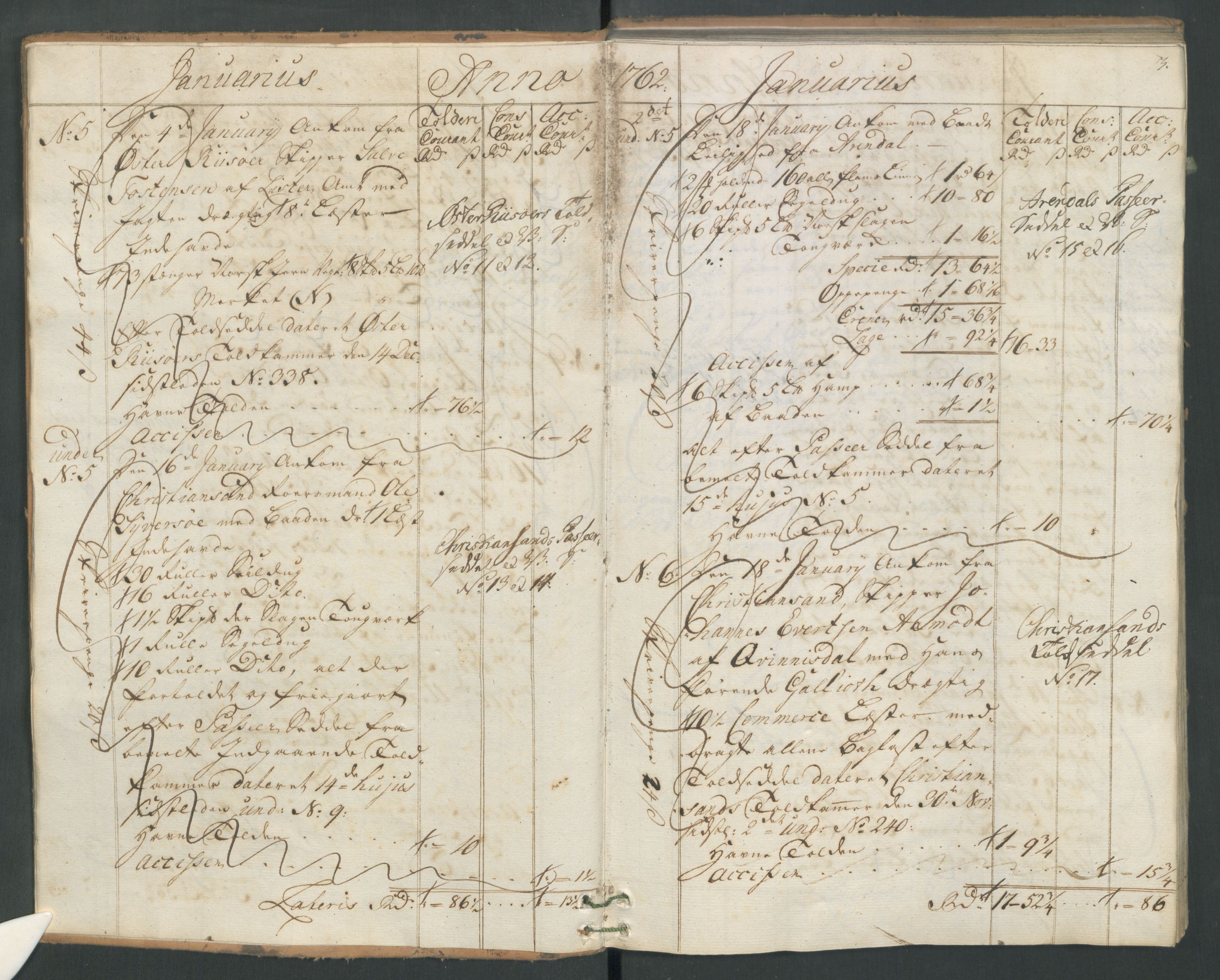 Generaltollkammeret, tollregnskaper, AV/RA-EA-5490/R19/L0021a/0001: Tollregnskaper Flekkefjord / Inngående hovedtollbok, 1762, s. 2b-3a