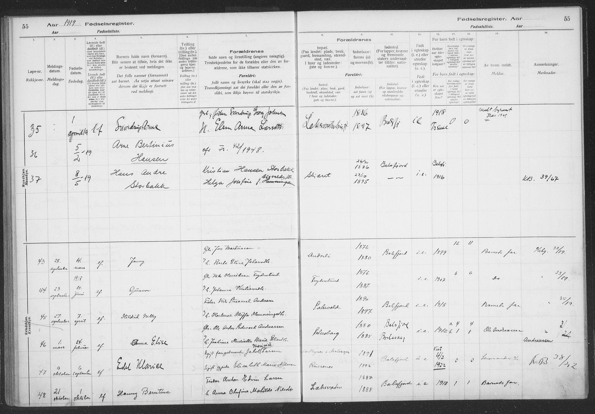 Balsfjord sokneprestembete, AV/SATØ-S-1303/H/Hb/L0059: Fødselsregister nr. 59, 1916-1930, s. 55