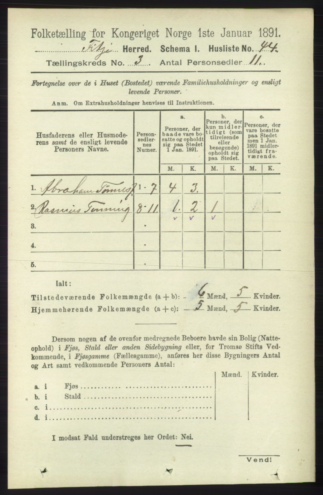 RA, Folketelling 1891 for 1222 Fitjar herred, 1891, s. 1013