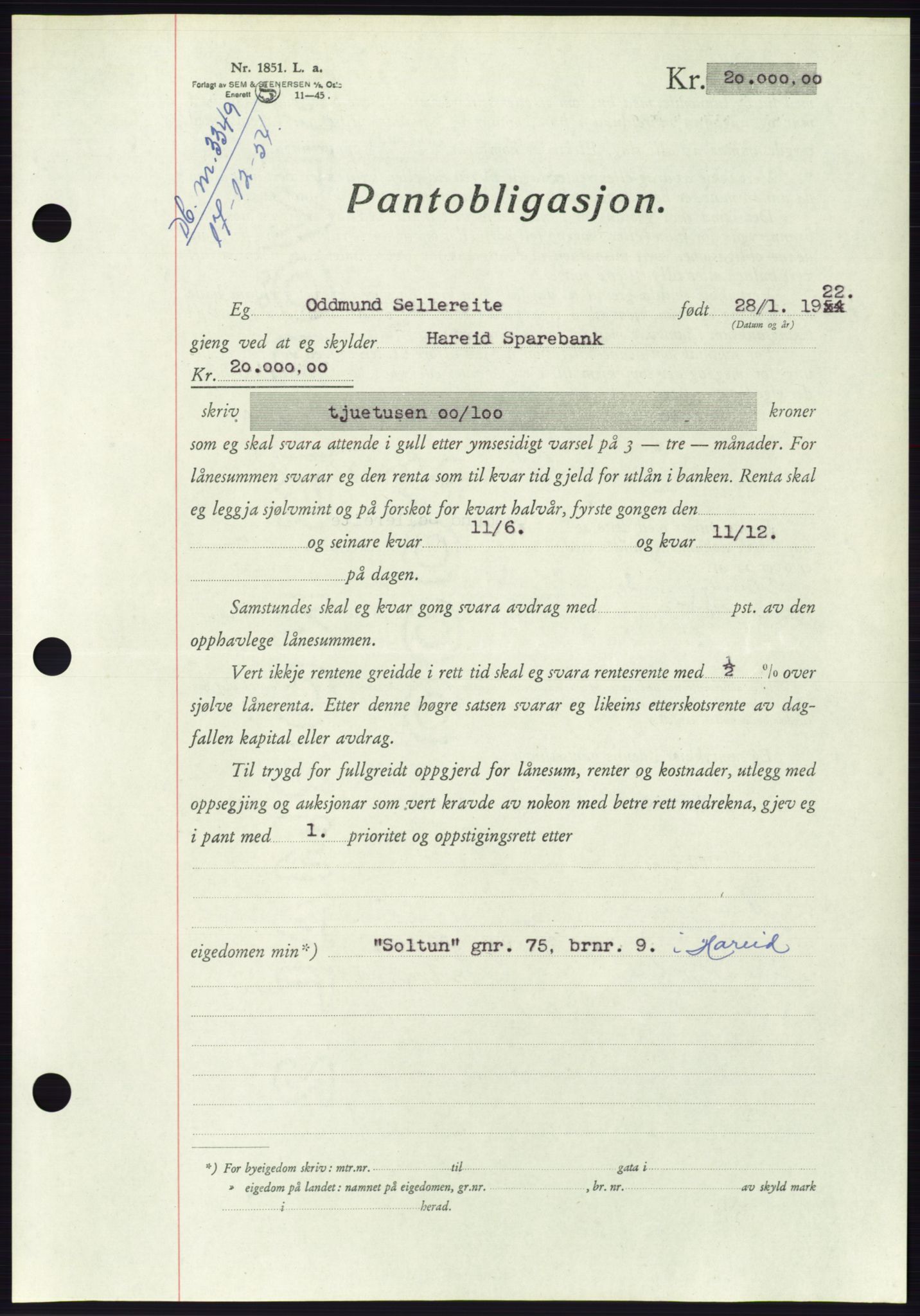 Søre Sunnmøre sorenskriveri, AV/SAT-A-4122/1/2/2C/L0126: Pantebok nr. 14B, 1954-1955, Dagboknr: 3349/1954