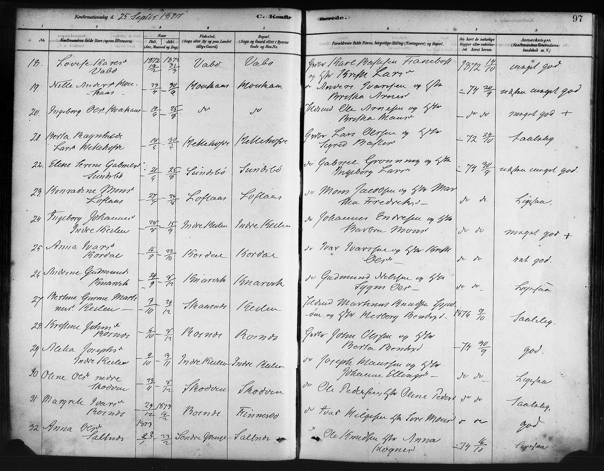 Lindås Sokneprestembete, AV/SAB-A-76701/H/Haa/Haaa/L0019: Ministerialbok nr. A 19, 1878-1912, s. 97