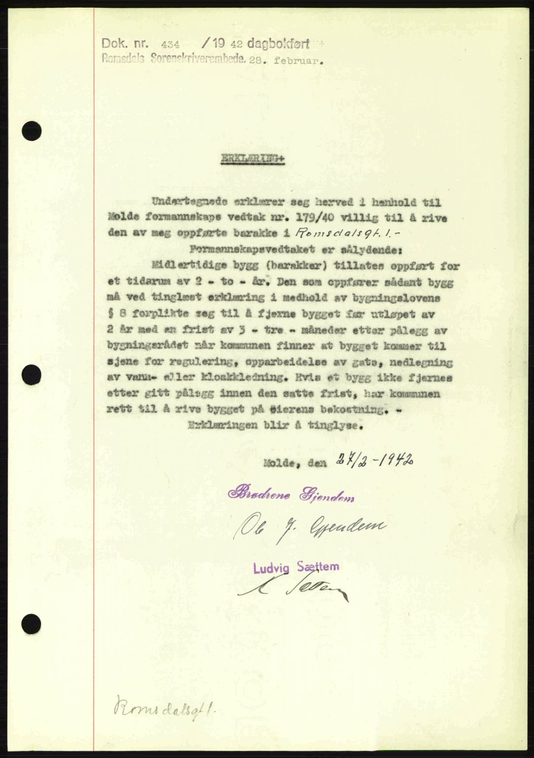Romsdal sorenskriveri, SAT/A-4149/1/2/2C: Pantebok nr. B2, 1939-1945, Dagboknr: 434/1942