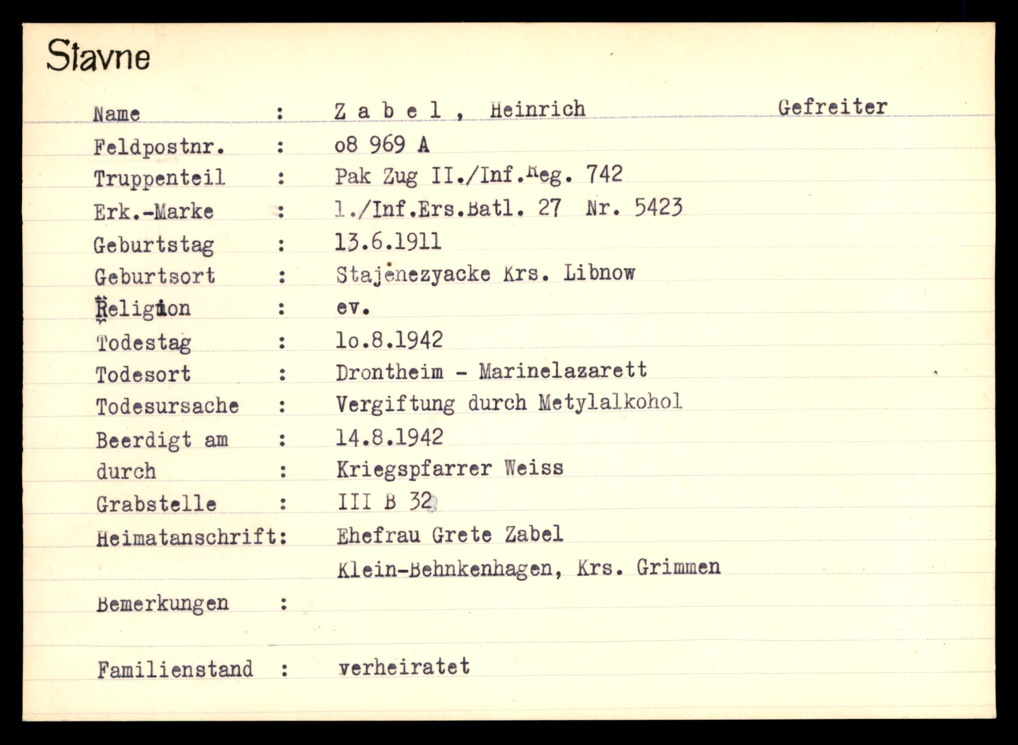 Distriktskontoret for krigsgraver, SAT/A-5030/E/L0003: Kasett/kartotek over tysk Krigskirkegård Stavne, 1945, s. 1587