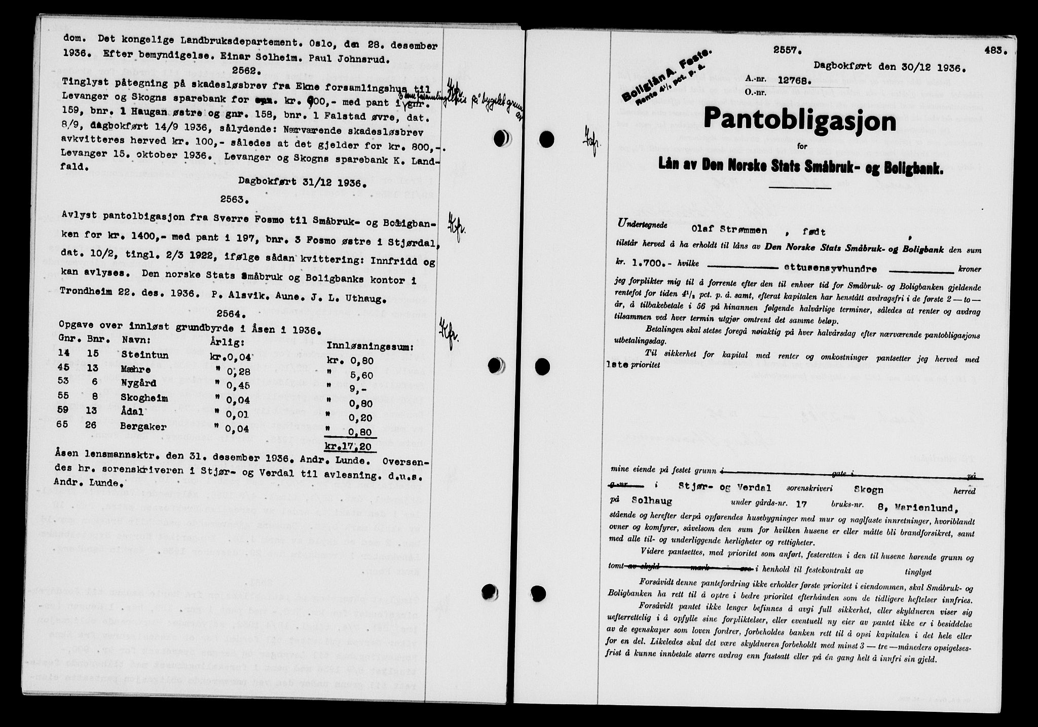 Stjør- og Verdal sorenskriveri, SAT/A-4167/1/2/2C/L0078: Pantebok nr. 46, 1936-1937, Dagboknr: 2557/1936