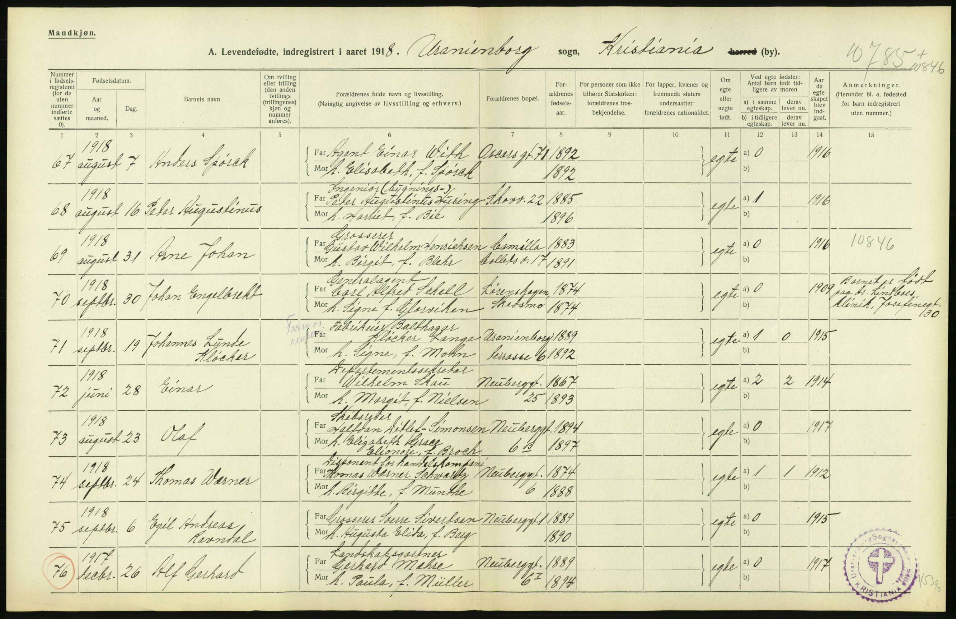 Statistisk sentralbyrå, Sosiodemografiske emner, Befolkning, AV/RA-S-2228/D/Df/Dfb/Dfbh/L0008: Kristiania: Levendefødte menn og kvinner., 1918, s. 168