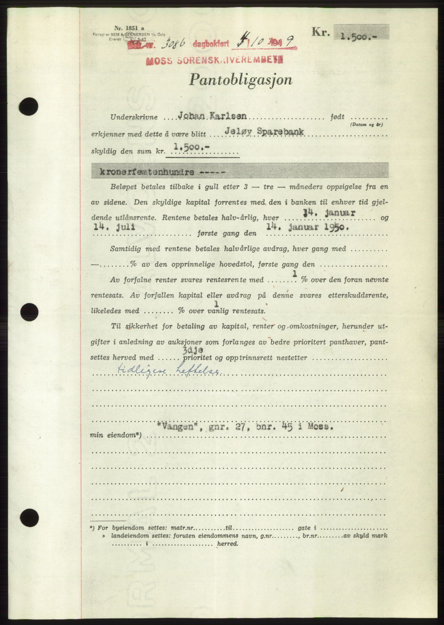 Moss sorenskriveri, SAO/A-10168: Pantebok nr. B22, 1949-1949, Dagboknr: 3086/1949