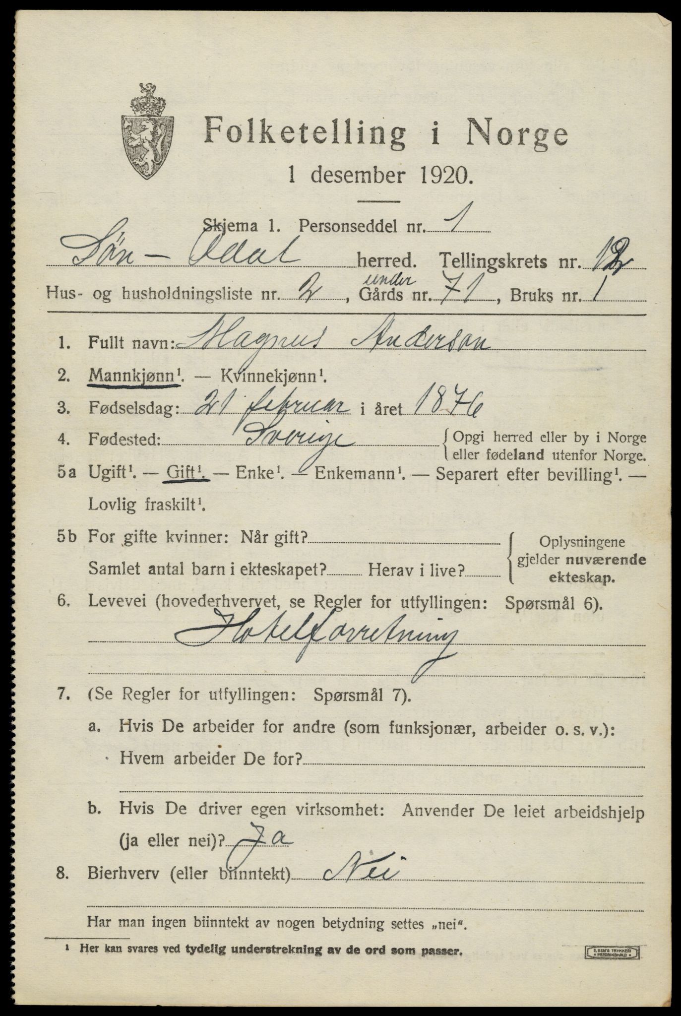 SAH, Folketelling 1920 for 0419 Sør-Odal herred, 1920, s. 12205