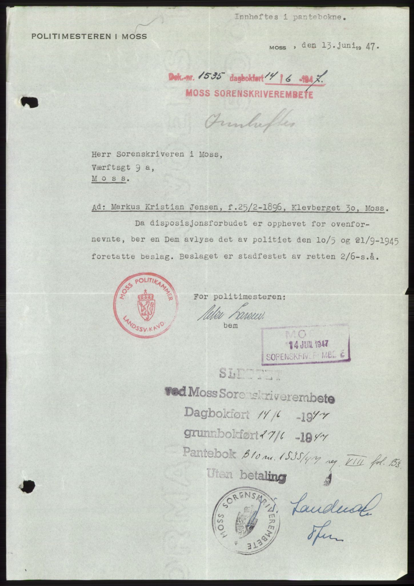 Moss sorenskriveri, SAO/A-10168: Pantebok nr. B17, 1947-1947, Dagboknr: 1535/1947