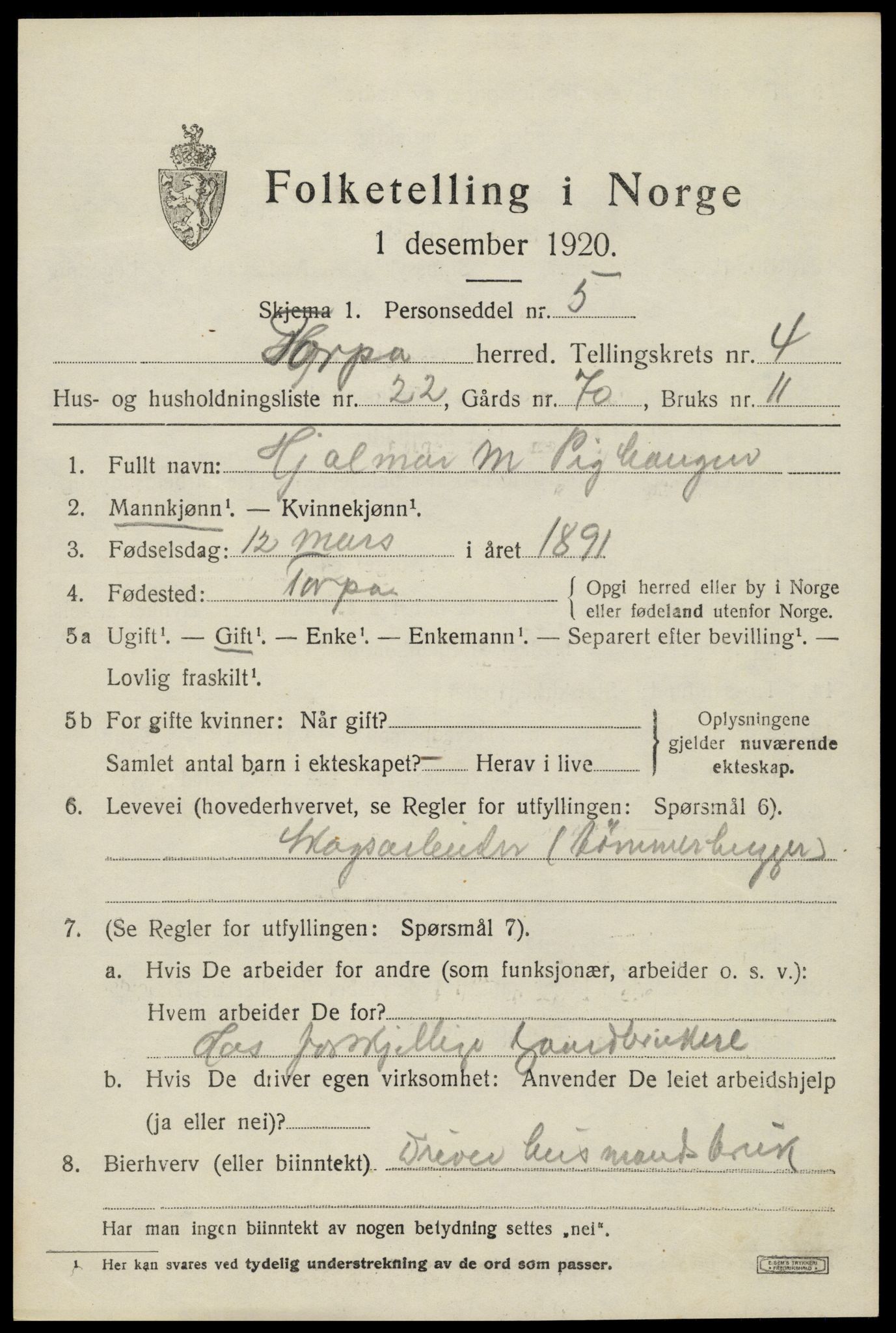 SAH, Folketelling 1920 for 0539 Torpa herred, 1920, s. 3233