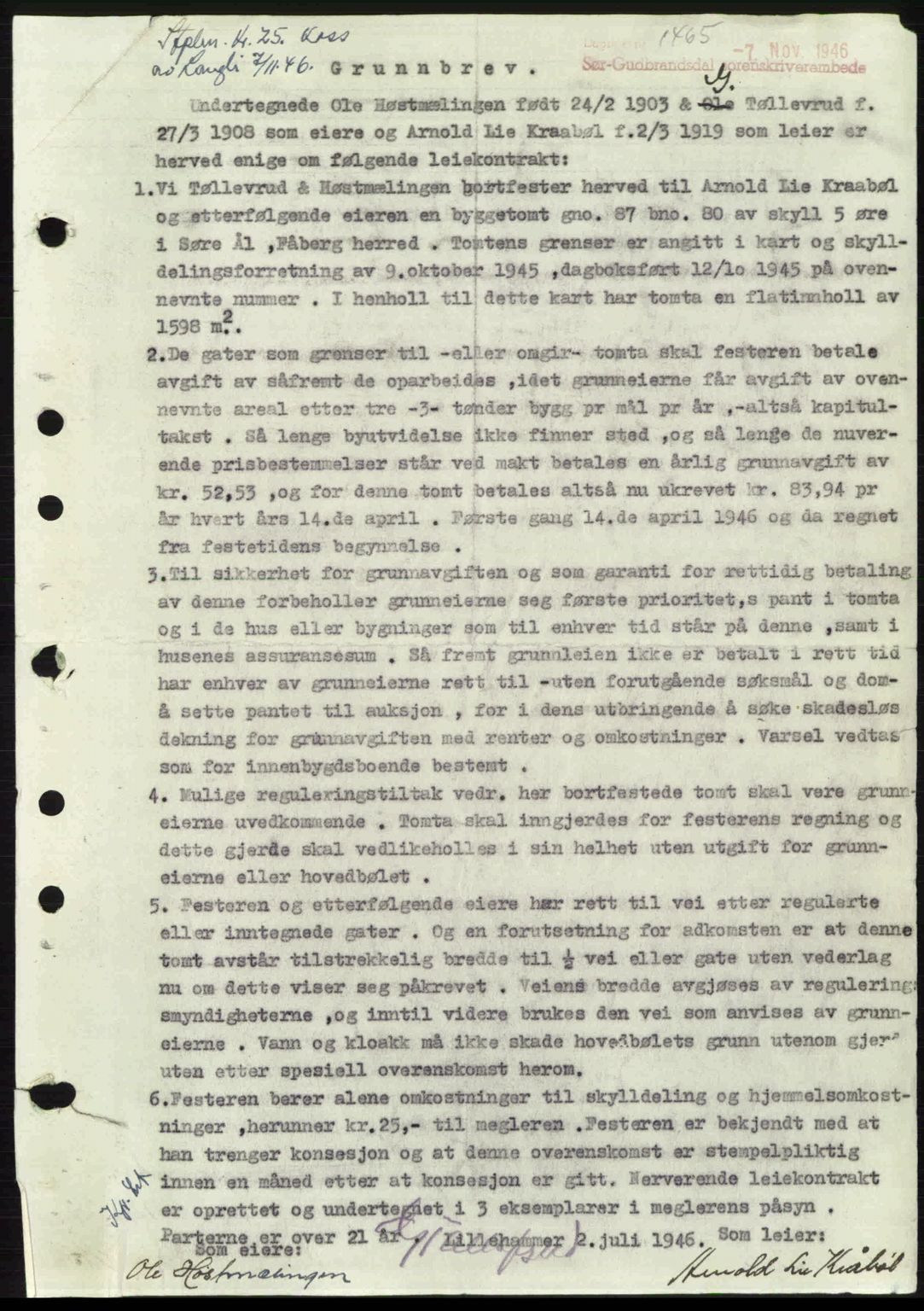 Sør-Gudbrandsdal tingrett, SAH/TING-004/H/Hb/Hbd/L0017: Pantebok nr. A17, 1946-1947, Dagboknr: 1465/1946