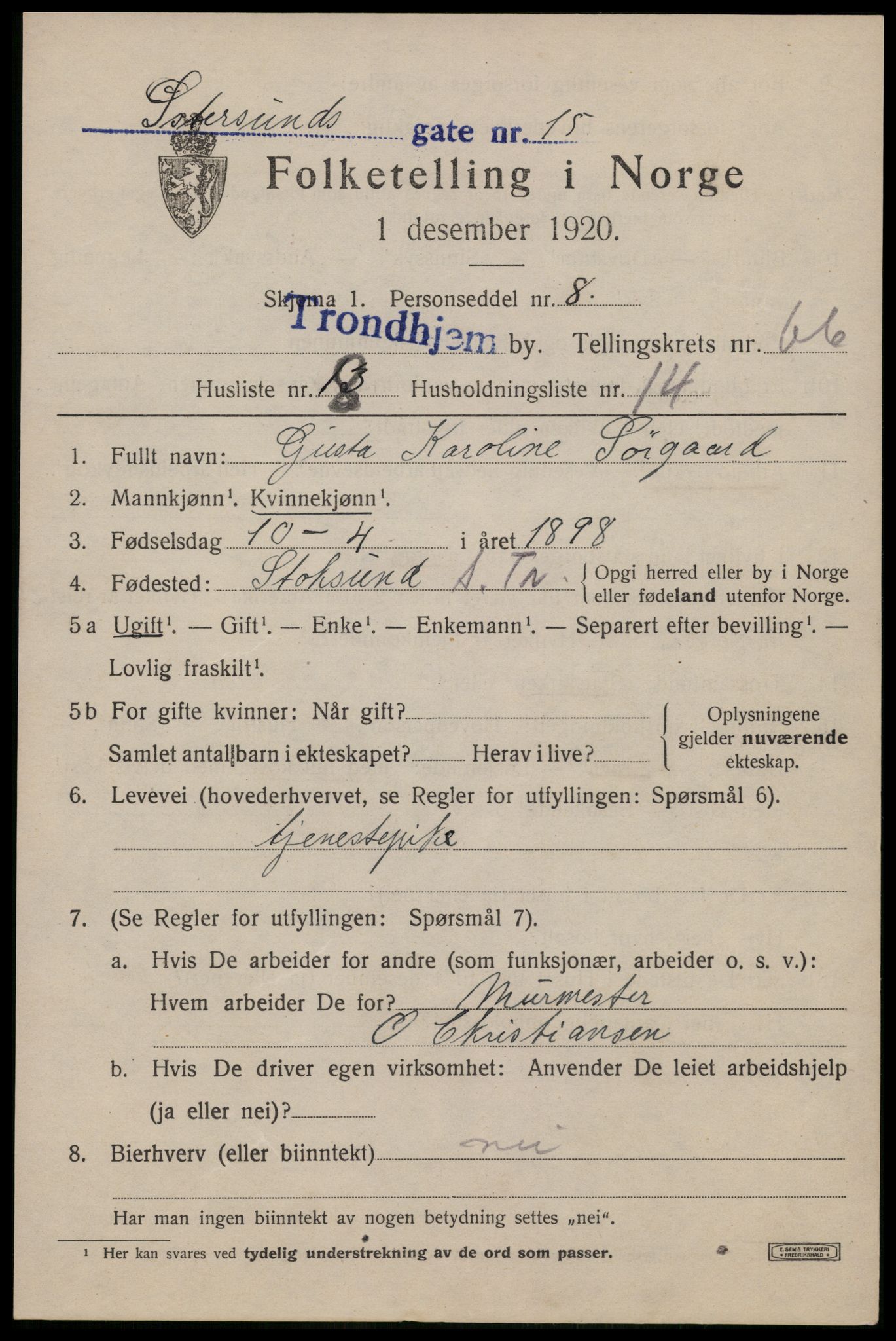 SAT, Folketelling 1920 for 1601 Trondheim kjøpstad, 1920, s. 130720