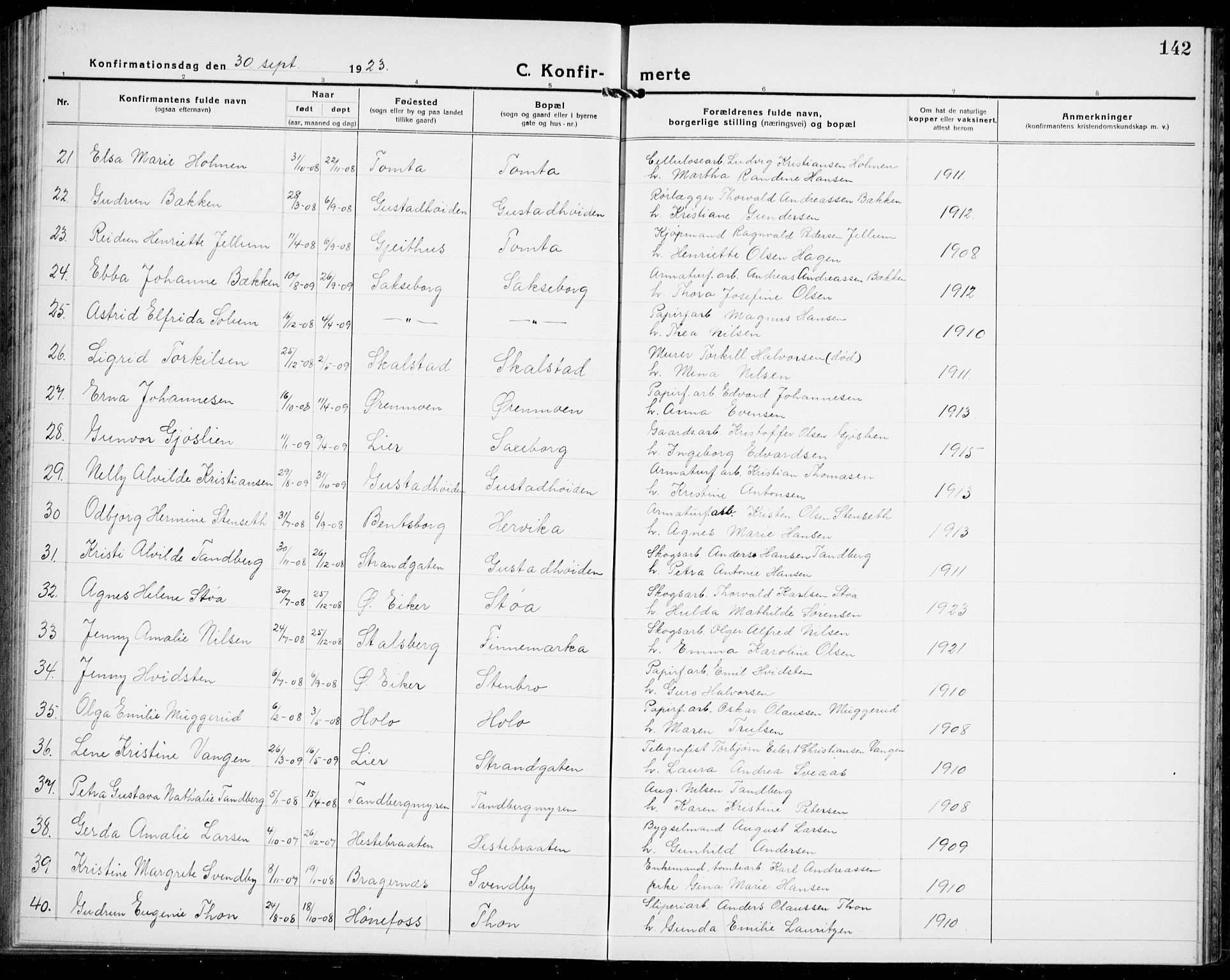 Modum kirkebøker, AV/SAKO-A-234/G/Ga/L0012: Klokkerbok nr. I 12, 1923-1933, s. 142