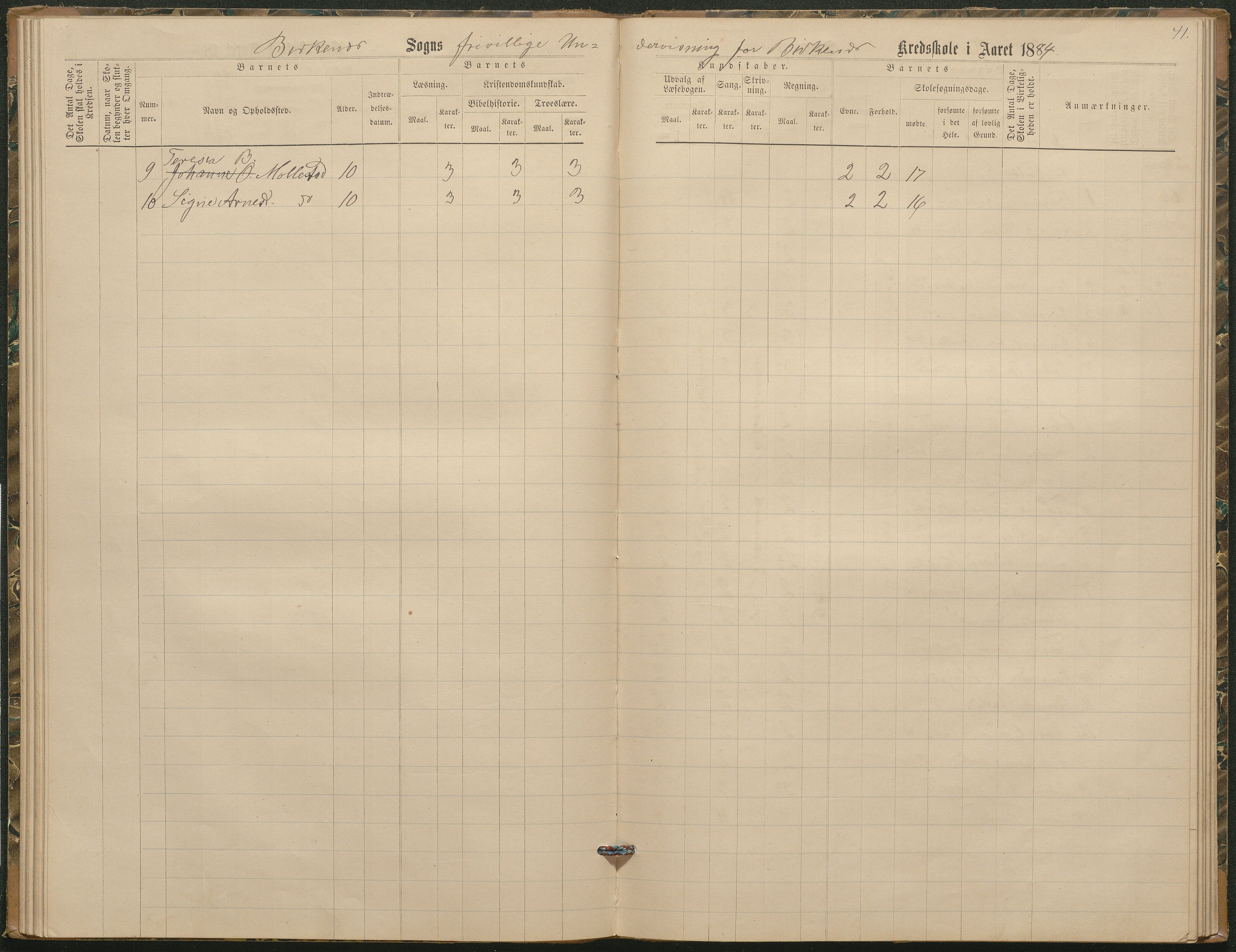 Birkenes kommune, Birkenes krets/Birkeland folkeskole frem til 1991, AAMA/KA0928-550a_91/F02/L0003: Skoleprotokoll, 1879-1891, s. 41