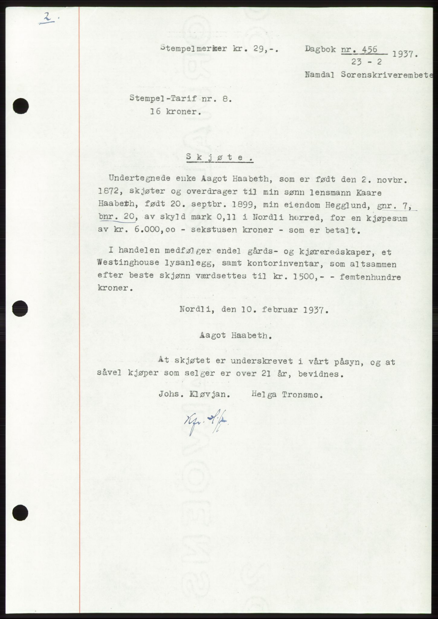 Namdal sorenskriveri, SAT/A-4133/1/2/2C: Pantebok nr. -, 1937-1939, Tingl.dato: 23.02.1937