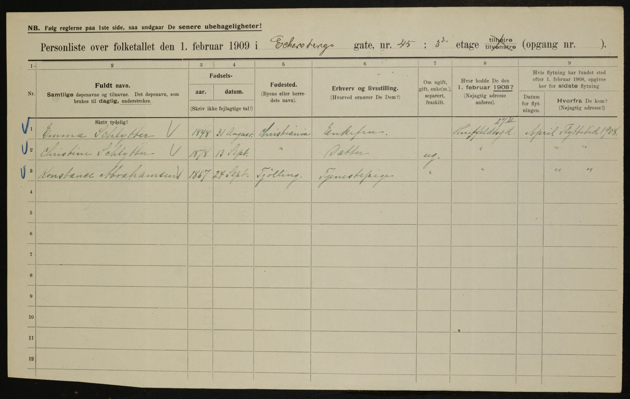 OBA, Kommunal folketelling 1.2.1909 for Kristiania kjøpstad, 1909, s. 17056