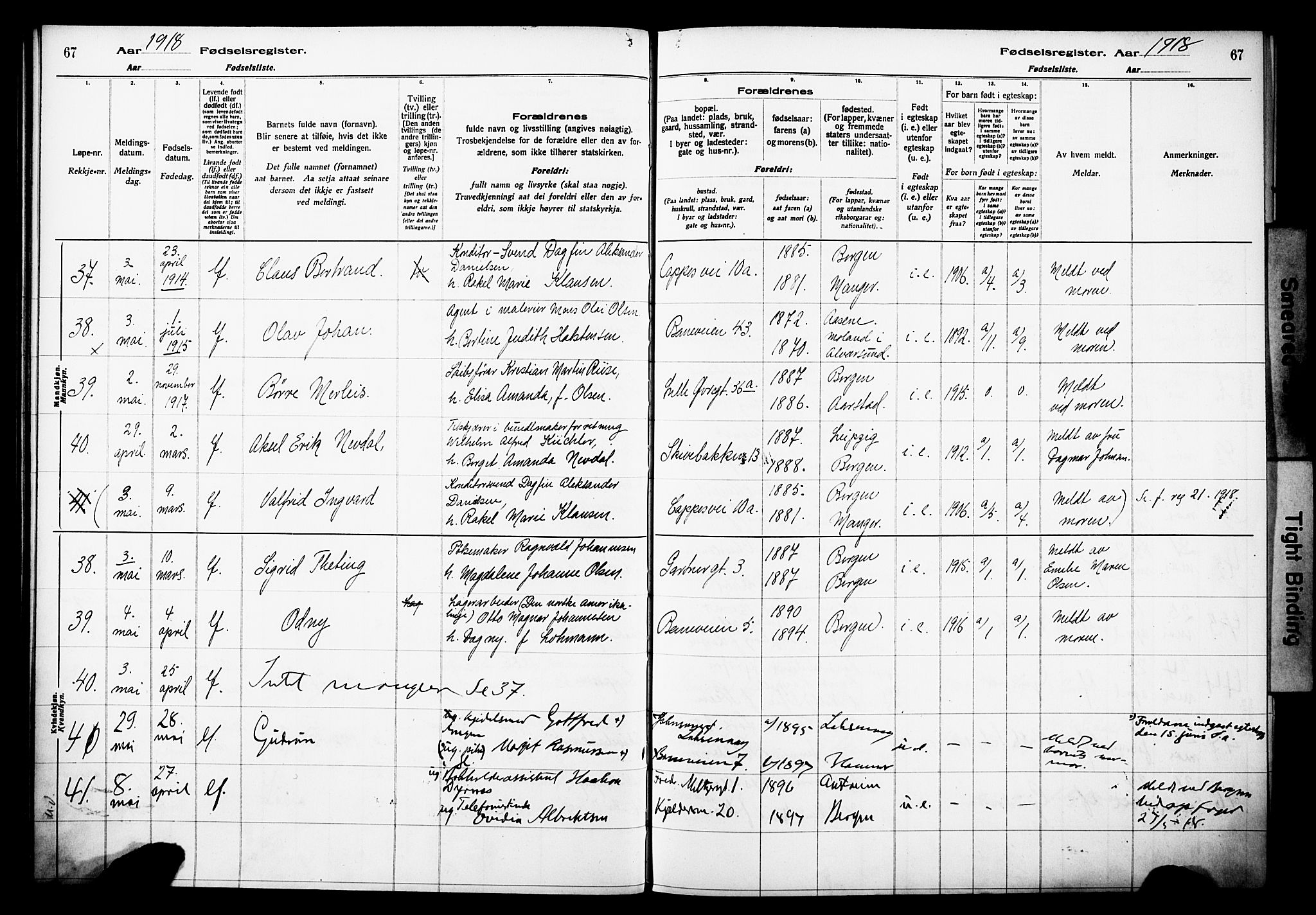 Domkirken sokneprestembete, AV/SAB-A-74801/I/Id/L00A1: Fødselsregister nr. A 1, 1916-1923, s. 67