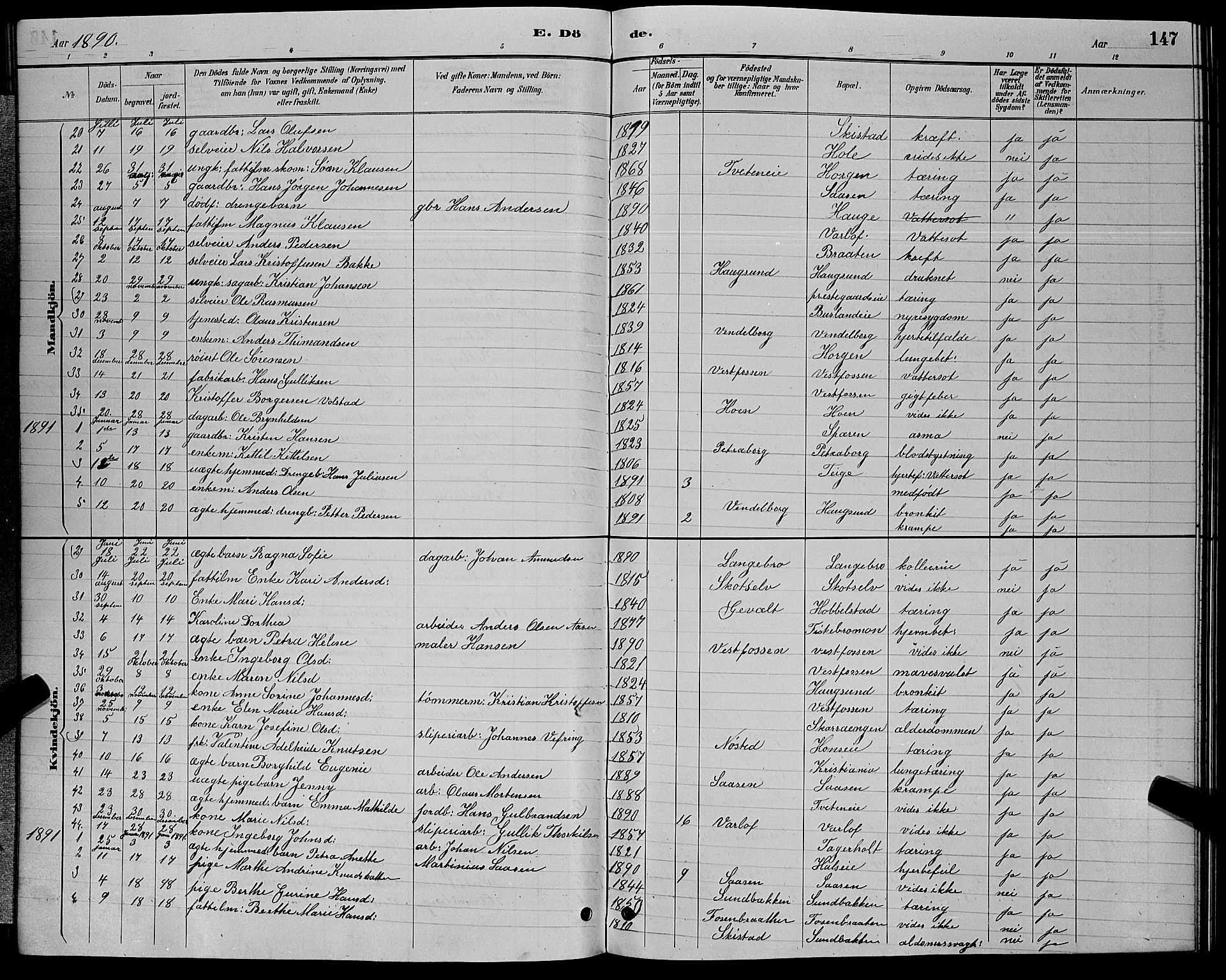 Eiker kirkebøker, AV/SAKO-A-4/G/Ga/L0006: Klokkerbok nr. I 6, 1885-1893, s. 147