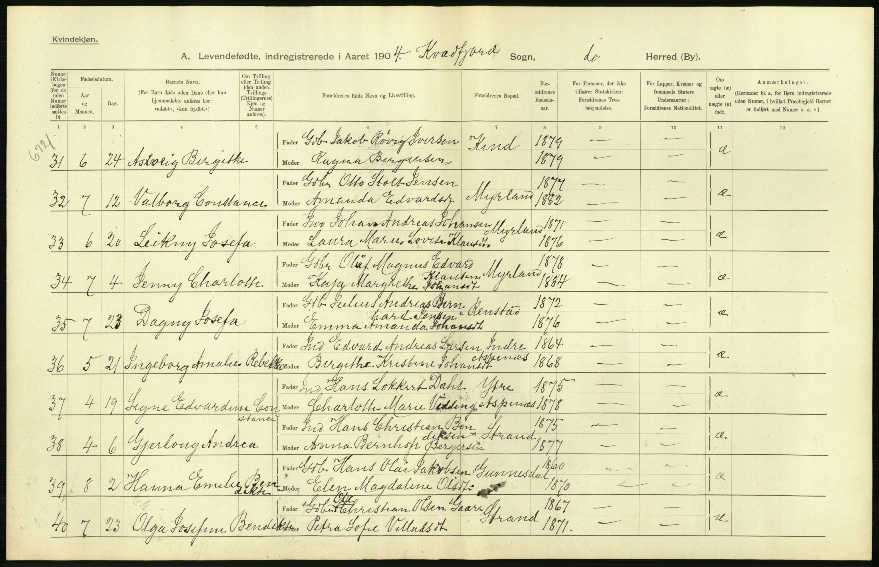 Statistisk sentralbyrå, Sosiodemografiske emner, Befolkning, AV/RA-S-2228/D/Df/Dfa/Dfab/L0022: Tromsø amt: Fødte, gifte, døde, 1904, s. 14