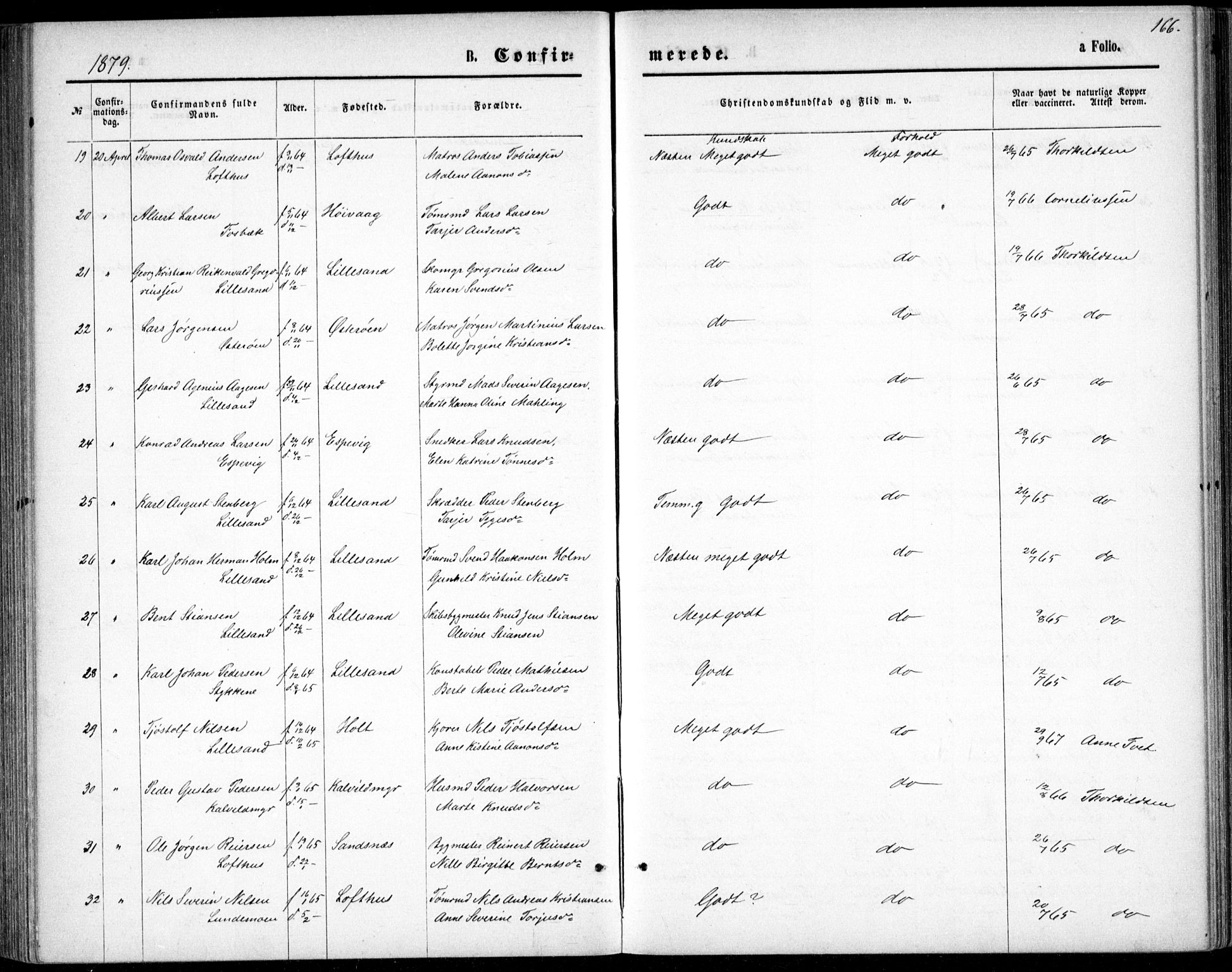 Vestre Moland sokneprestkontor, AV/SAK-1111-0046/F/Fb/Fbb/L0005: Klokkerbok nr. B 5, 1872-1883, s. 166