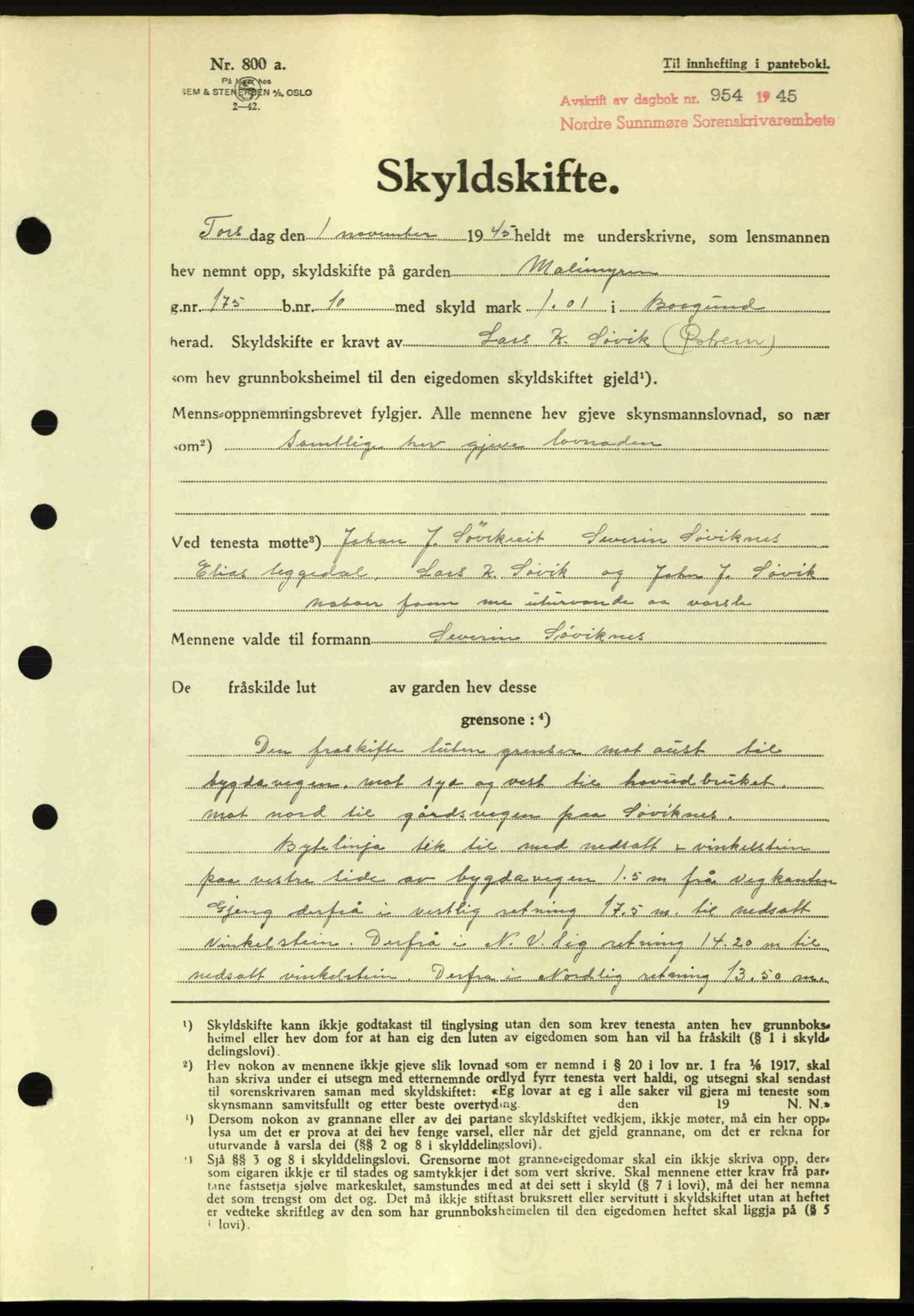 Nordre Sunnmøre sorenskriveri, SAT/A-0006/1/2/2C/2Ca: Pantebok nr. A20a, 1945-1945, Dagboknr: 954/1945