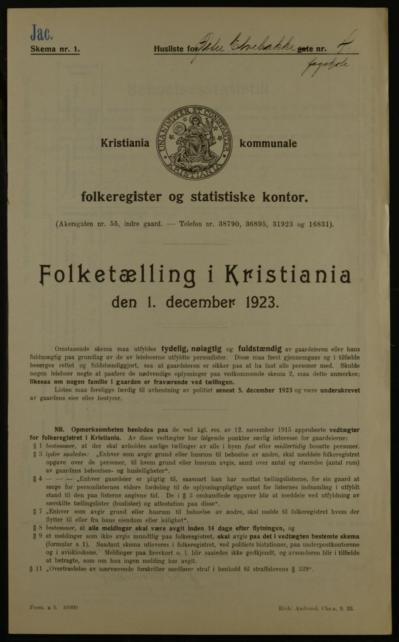 OBA, Kommunal folketelling 1.12.1923 for Kristiania, 1923, s. 142730