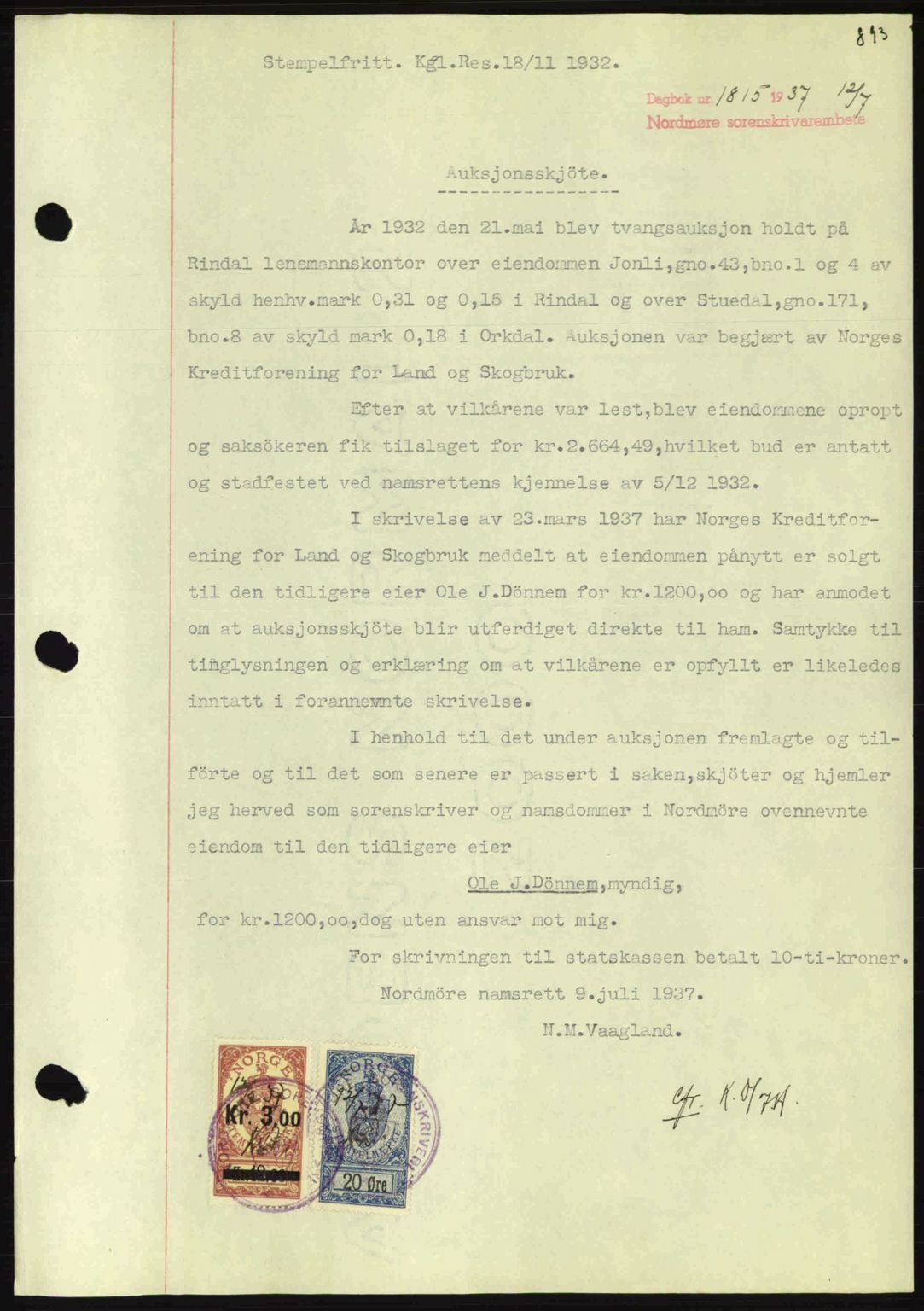 Nordmøre sorenskriveri, SAT/A-4132/1/2/2Ca: Pantebok nr. A81, 1937-1937, Dagboknr: 1815/1937