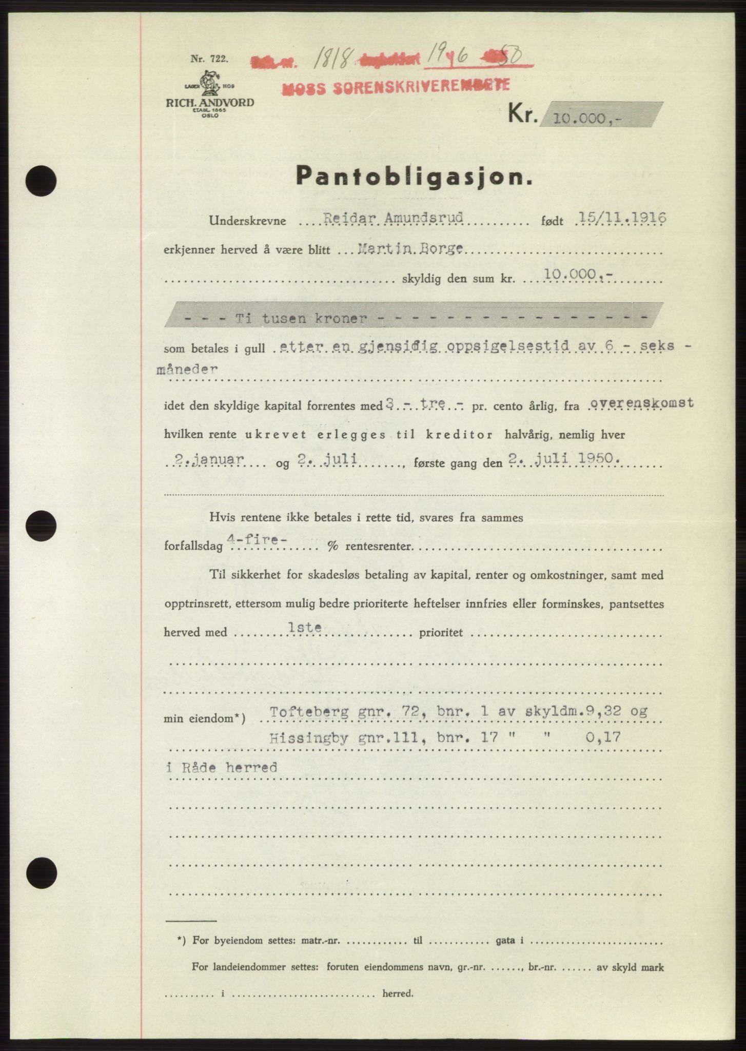 Moss sorenskriveri, AV/SAO-A-10168: Pantebok nr. B24, 1950-1950, Dagboknr: 1818/1950