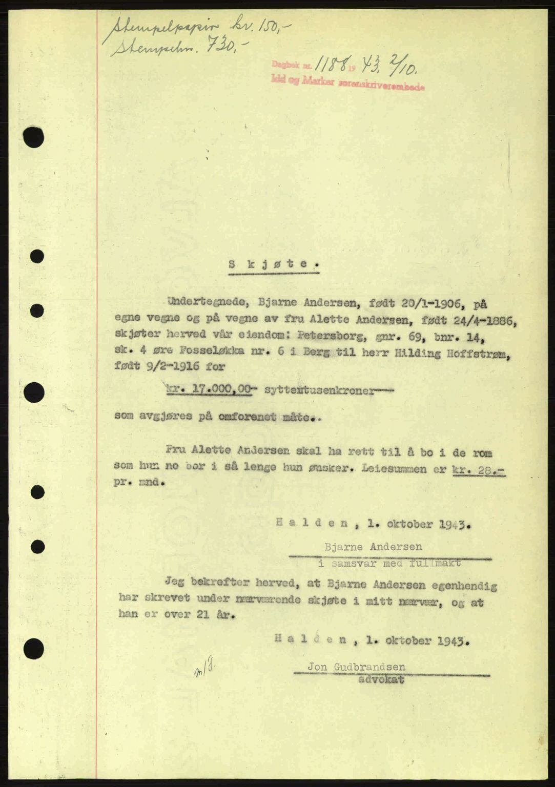 Idd og Marker sorenskriveri, AV/SAO-A-10283/G/Gb/Gbb/L0006: Pantebok nr. A6, 1943-1944, Dagboknr: 1188/1943