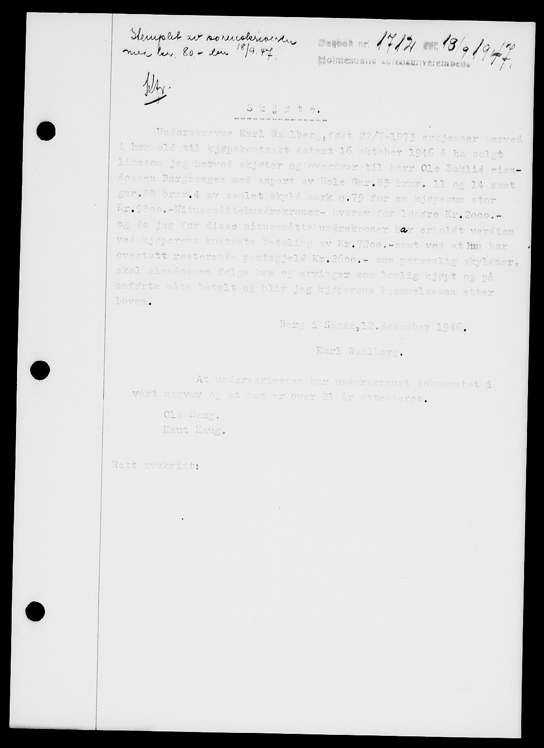 Holmestrand sorenskriveri, SAKO/A-67/G/Ga/Gaa/L0062: Pantebok nr. A-62, 1947-1947, Dagboknr: 1712/1947